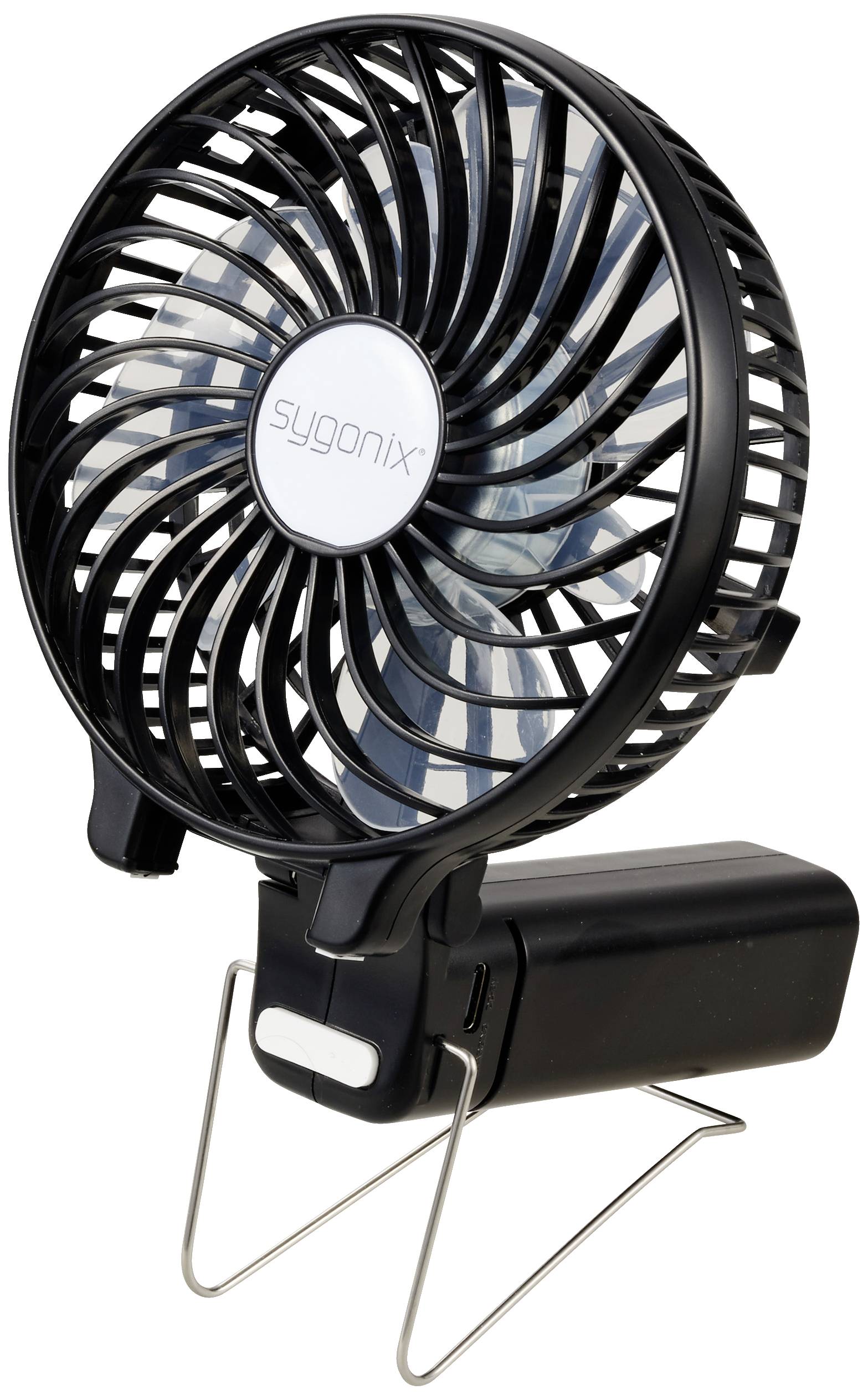 Ventilateur de table portable en noir avec un logo argenté au centre. Le ventilateur est équipé d'une batterie amovible et d'un socle de support.