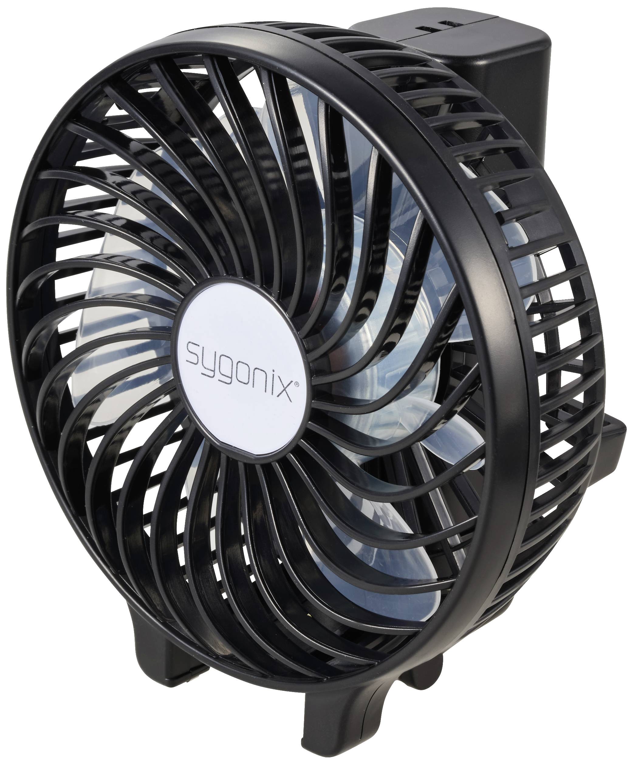 Ventilateur de table noir à trois pales, design compact. Logo 'sygonix' au centre.