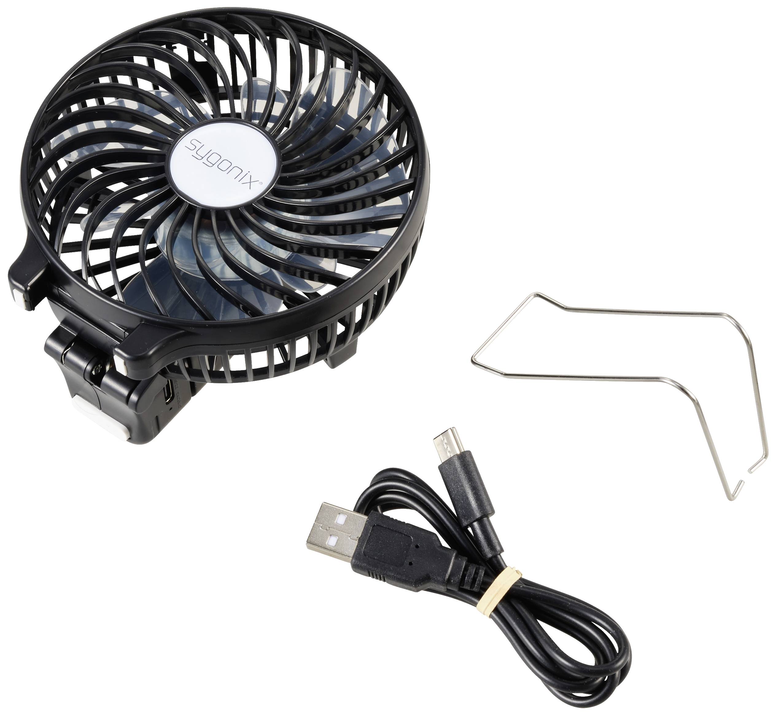Un petit ventilateur de table noir avec câble USB et support en métal. Idéal pour une utilisation sur le bureau ou en déplacement.