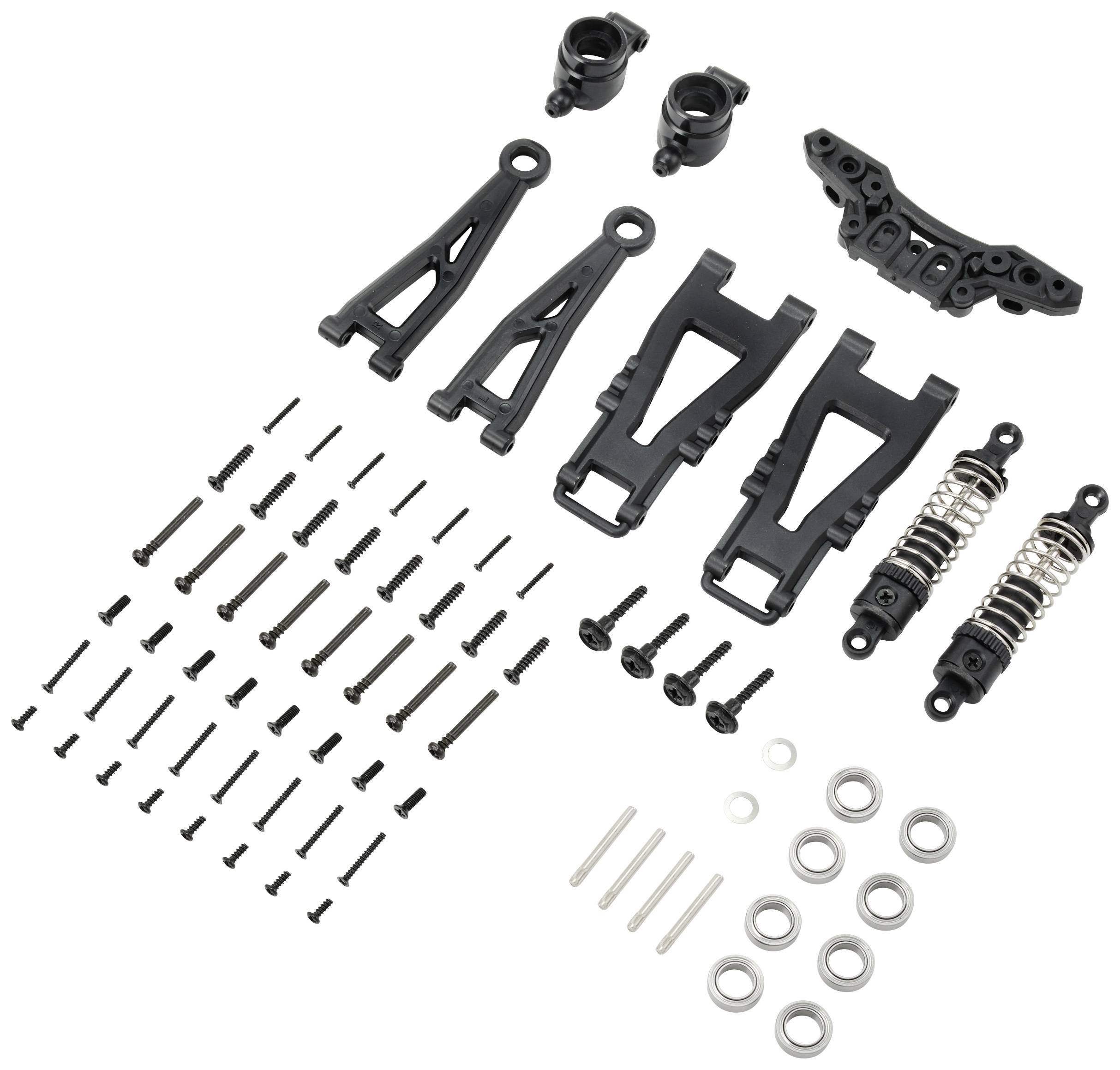 Kit de réparation pour une voiture miniature comprenant des vis, des ressorts, des pièces de suspension et des roulements sur un fond blanc.