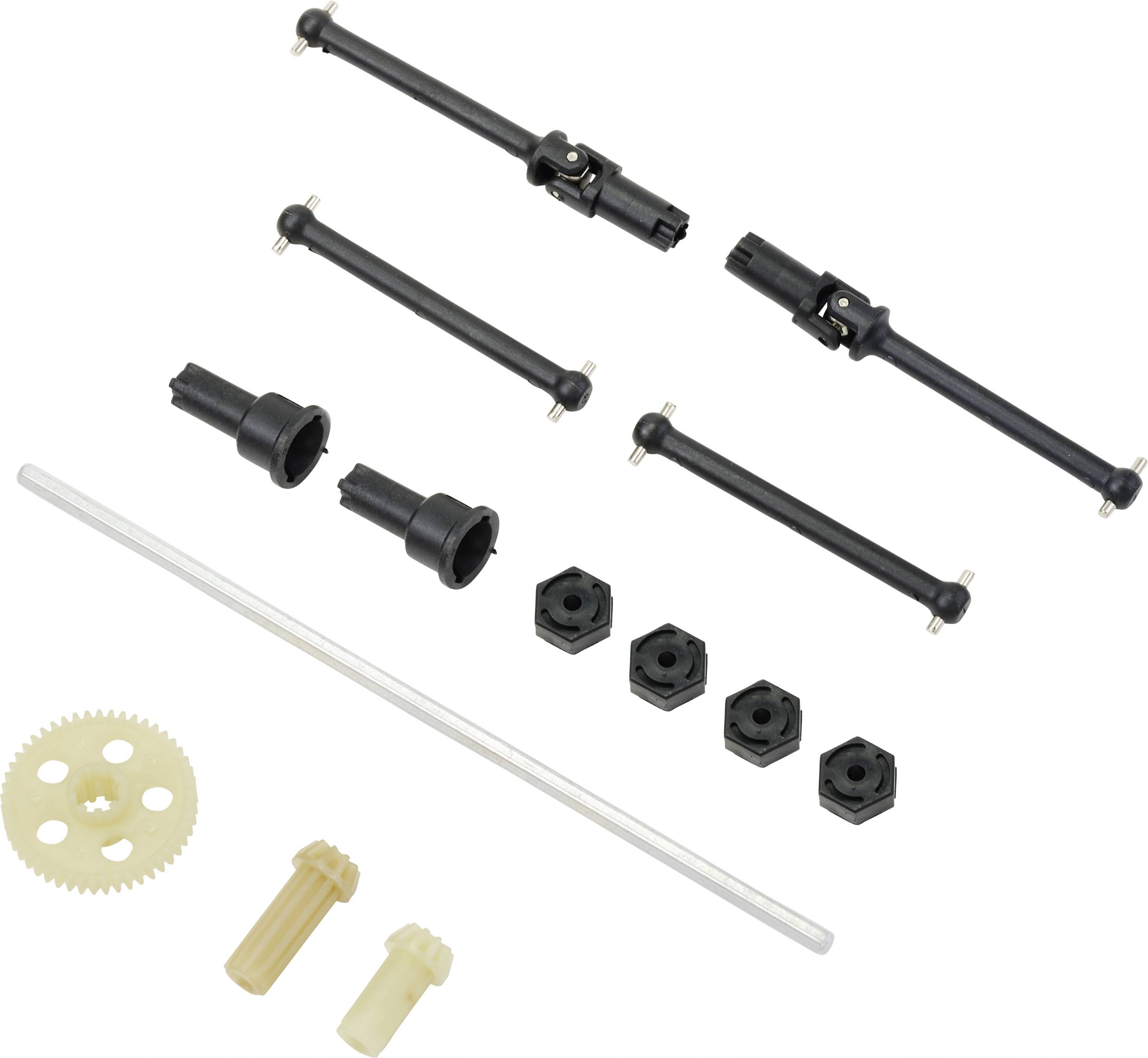 Quatre axes noirs, un engrenage et cinq petites prises sur fond blanc. Fiche et tige en plastique.