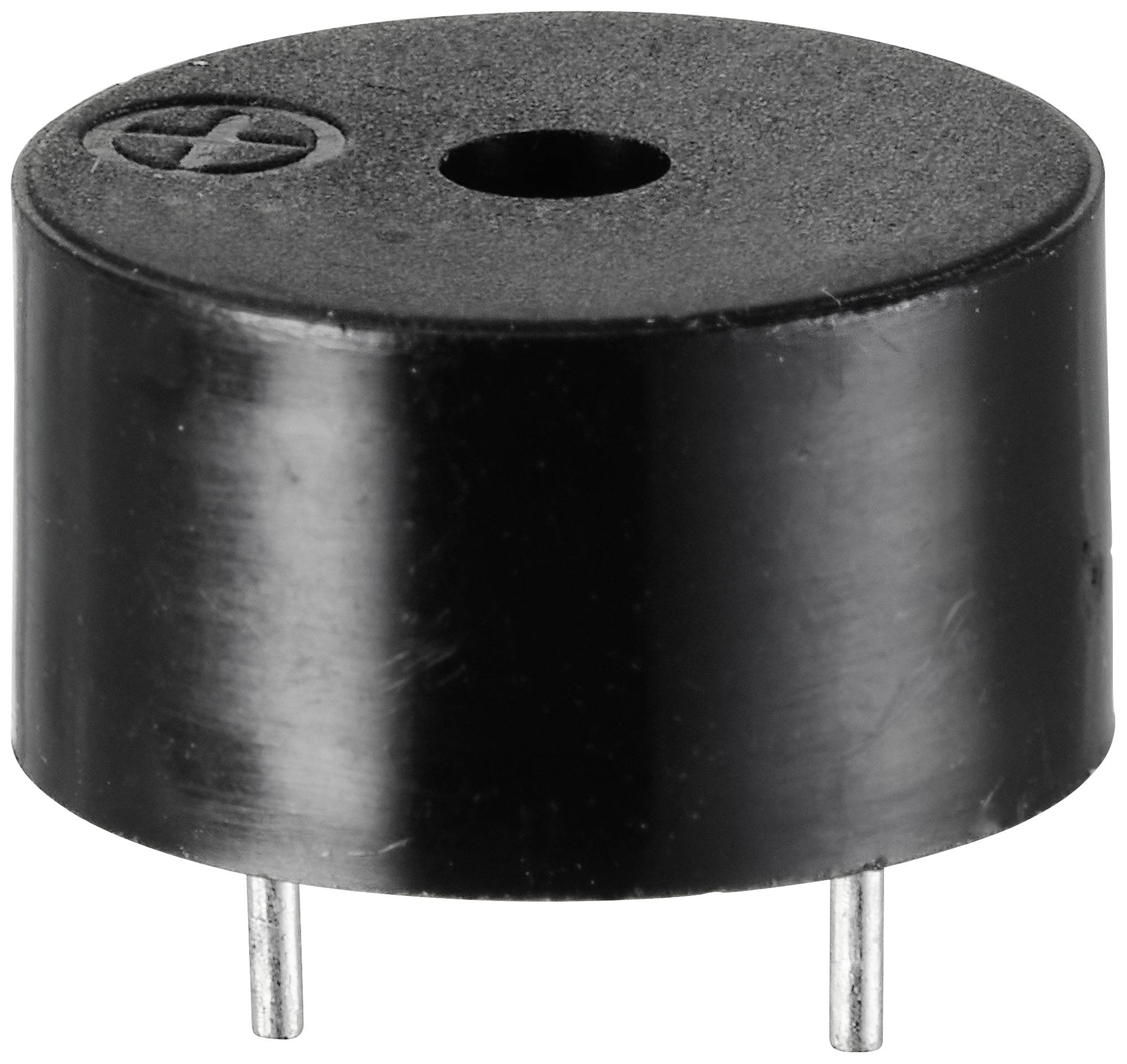 Buzzer électronique noir de forme ronde, muni de deux broches métalliques à sa base pour une fixation sur un circuit imprimé.