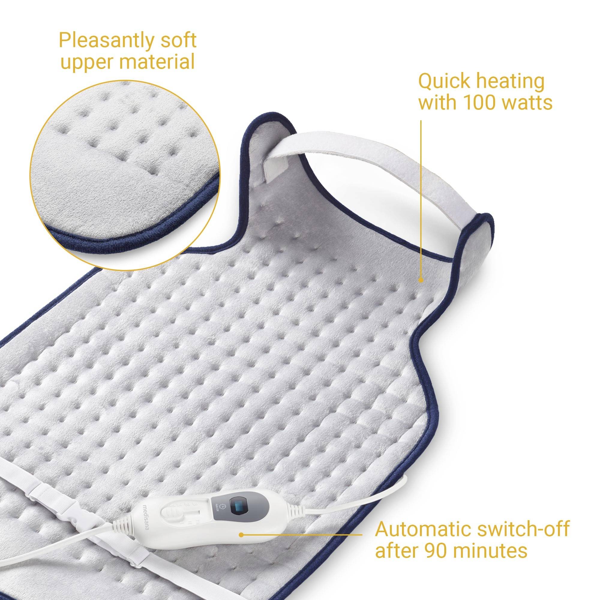 Coussin chauffant avec surface supérieure douce, puissance de 100 watts et arrêt automatique après 90 minutes. Inclut le boîtier de commande.