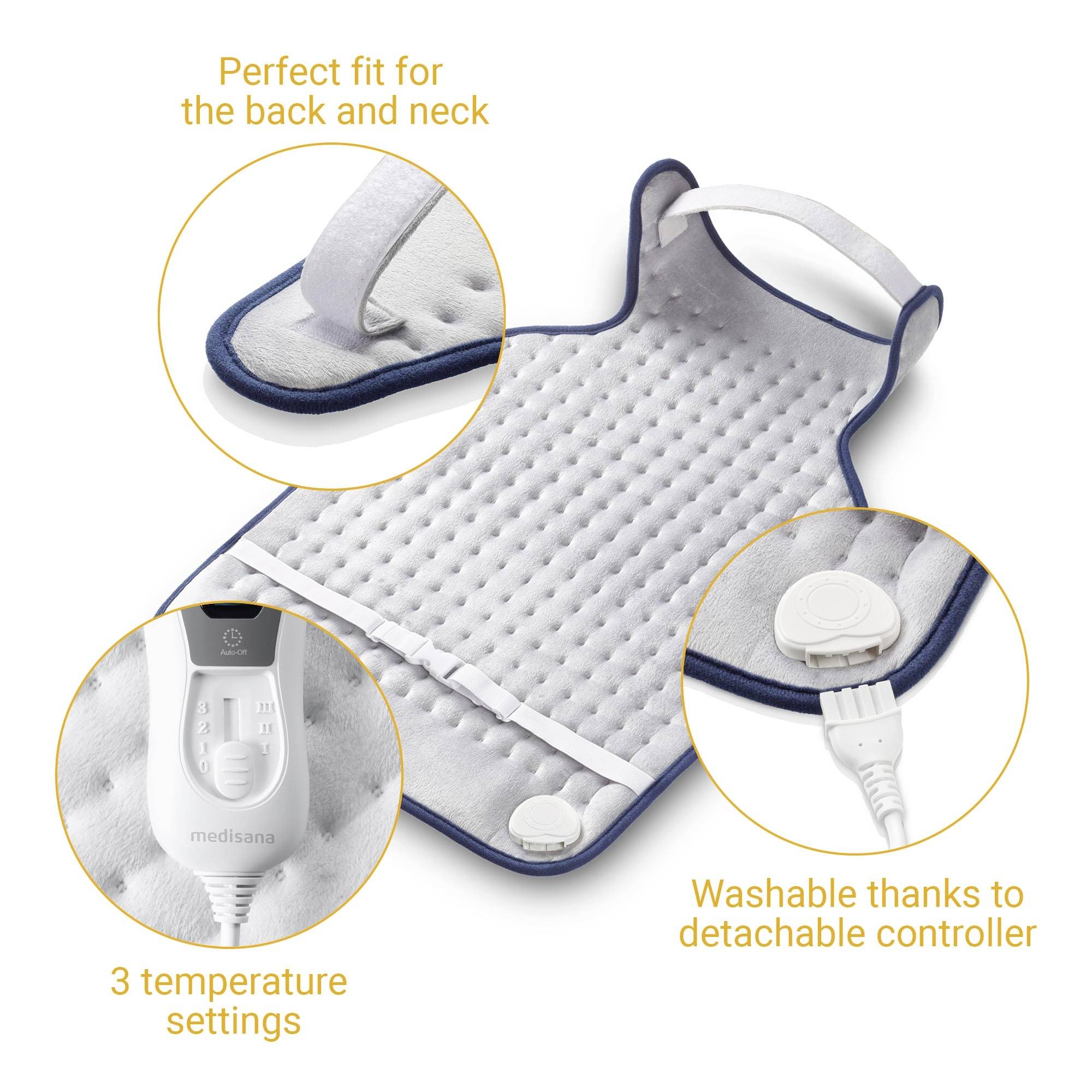 Coussin chauffant avec télécommande amovible, trois réglages de température, adapté au cou et à la nuque, lavable en machine.