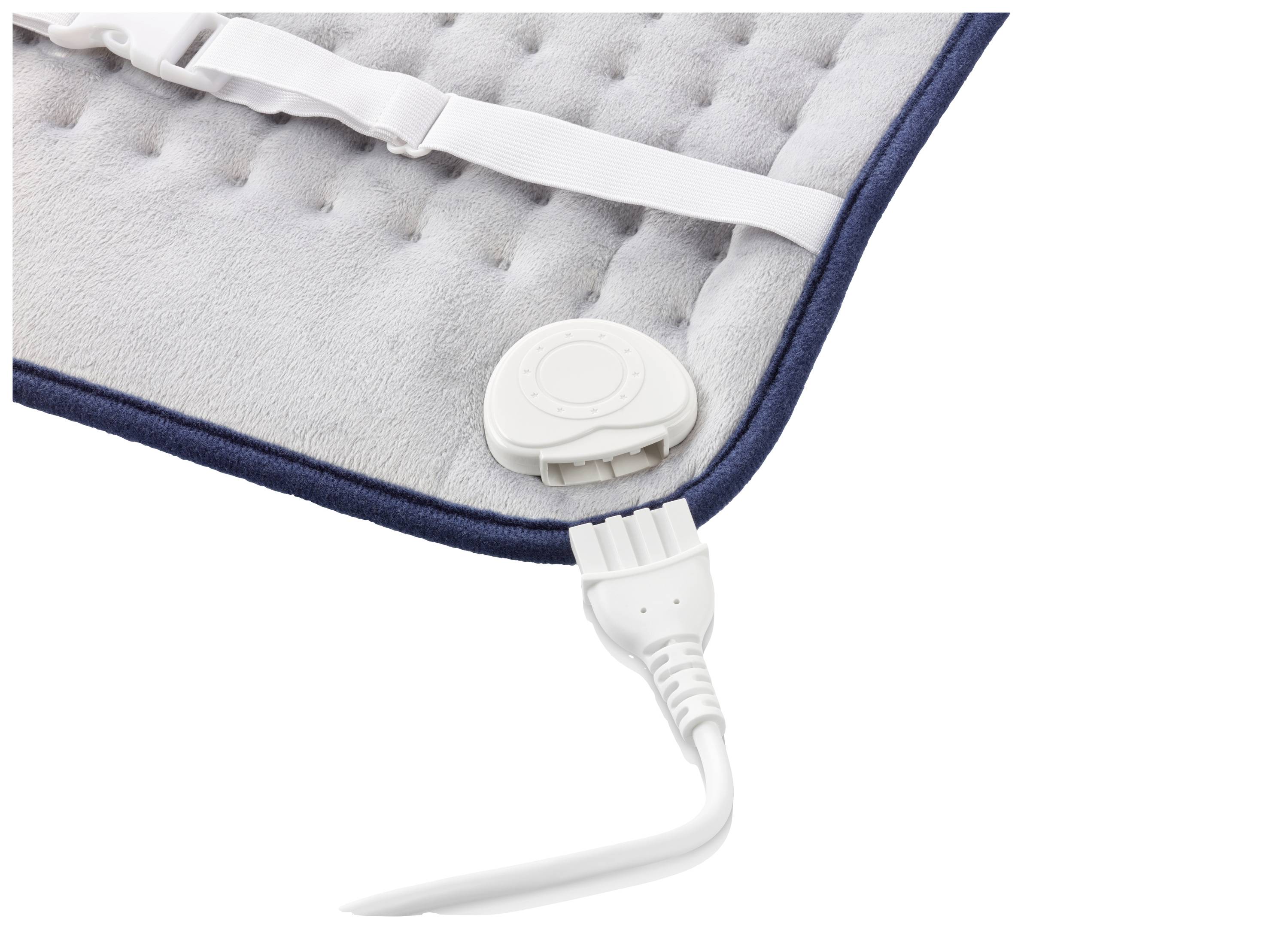 Un coussin chauffant gris avec un bord bleu et un câble blanc à mailles. Un interrupteur circulaire de réglage de la température est visible.
