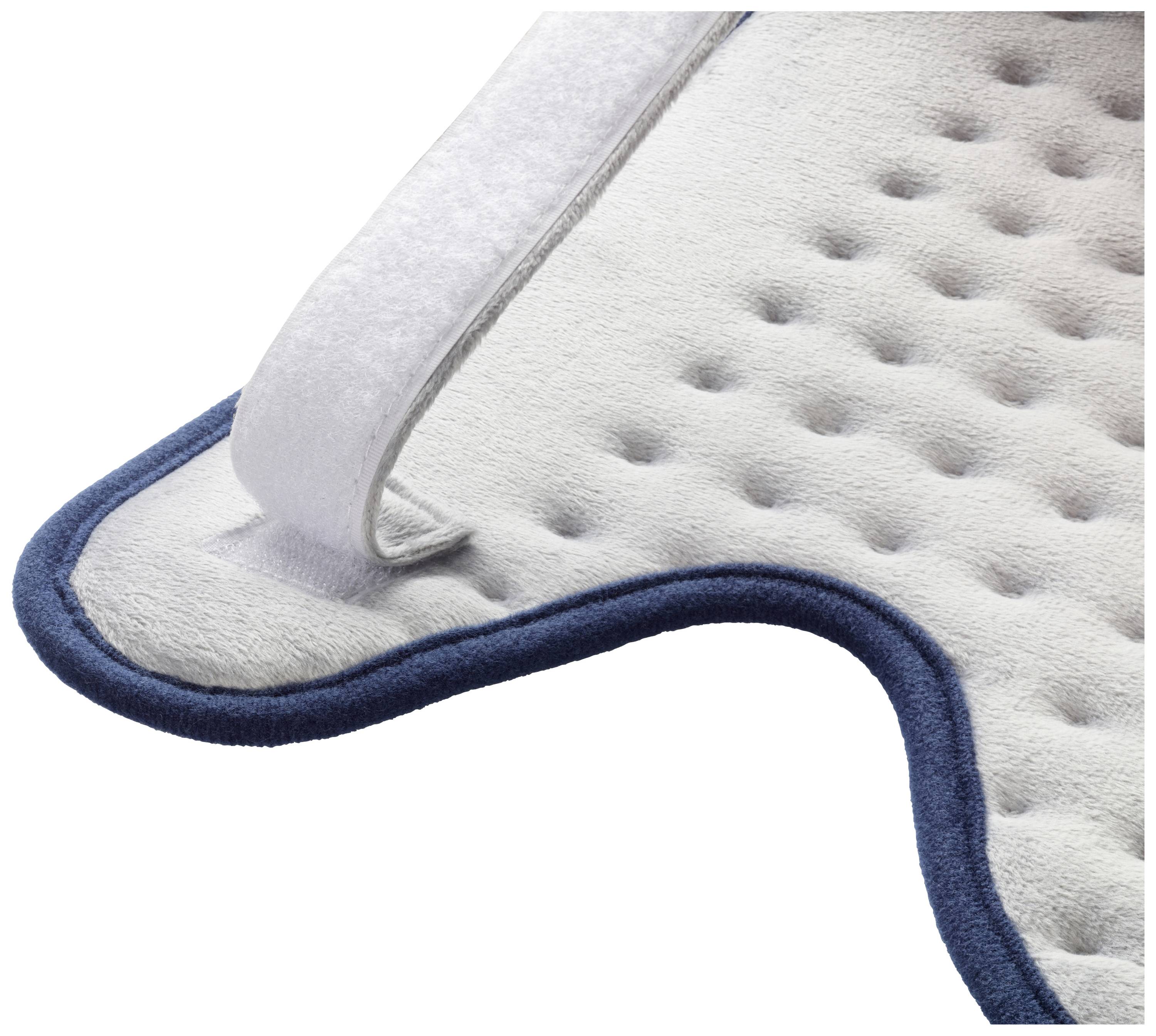 Coussin chauffant à surface douce et texturée, avec un design incurvé et une bande de fermeture auto-agrippante sur le dessus.