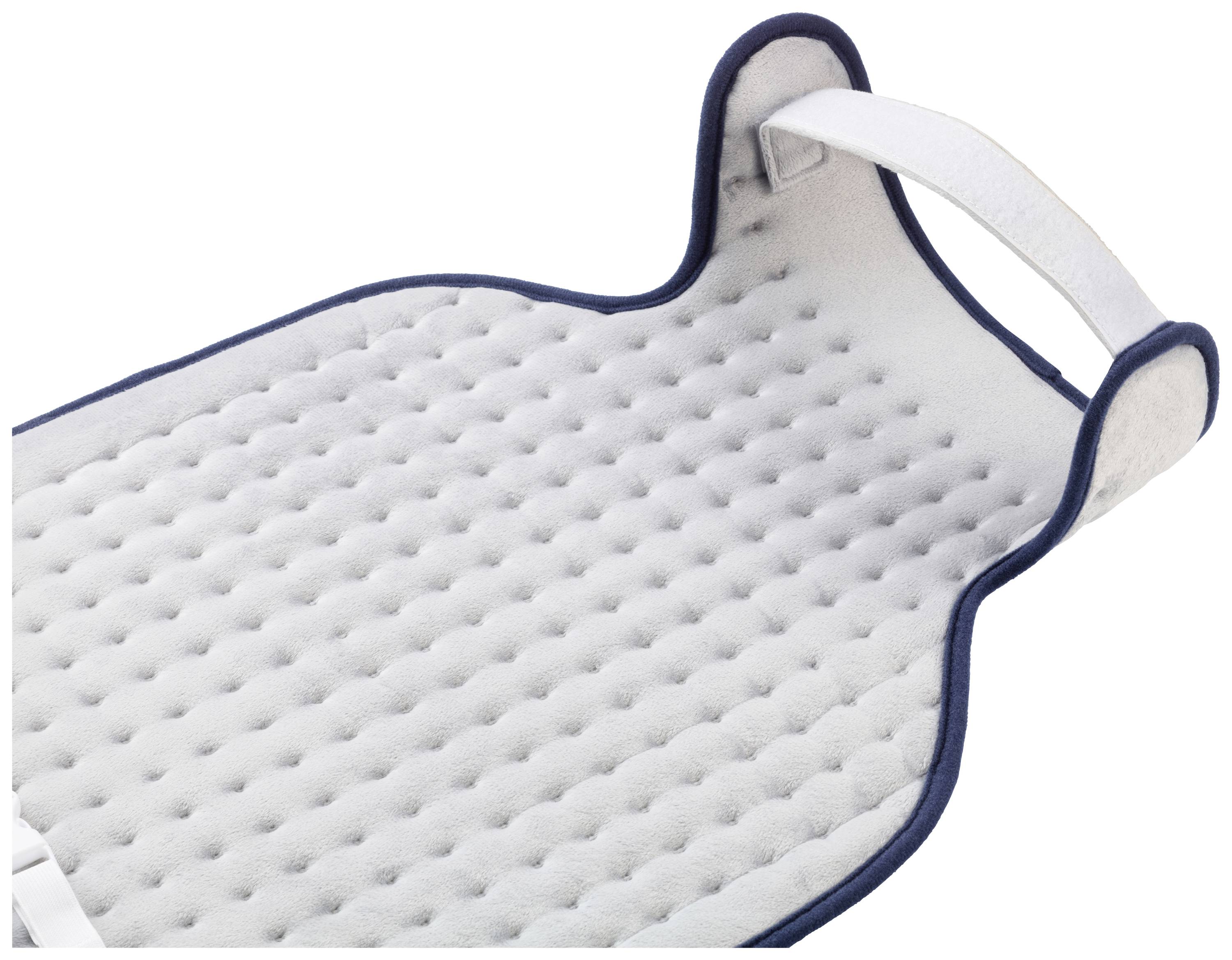 Un coussin chauffant blanc matelassé avec des bordures bleues et une sangle de fixation, posé à plat sur une surface.
