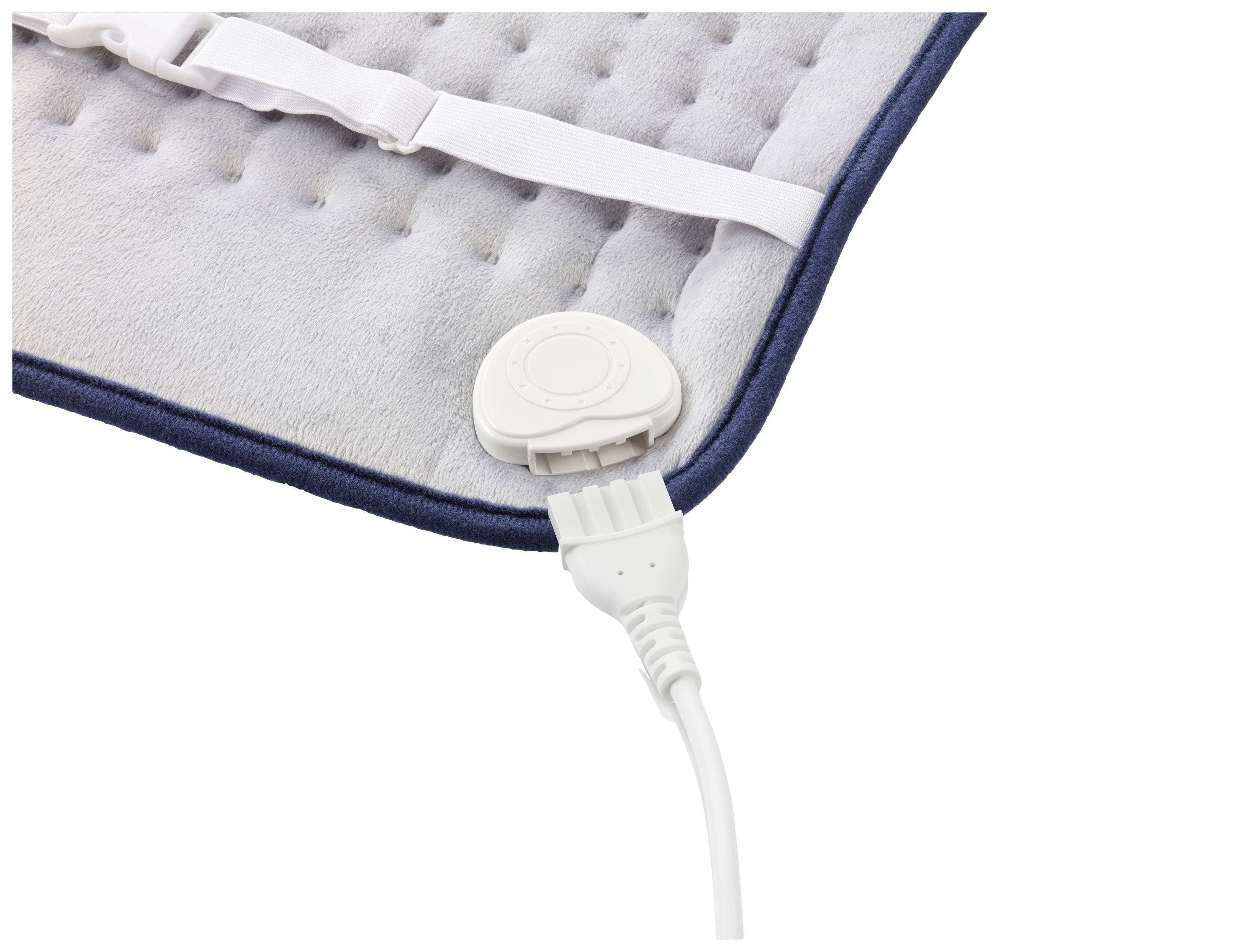 Couverture chauffante avec câble électrique amovible ; vue détaillée du branchement sur un tissu gris.