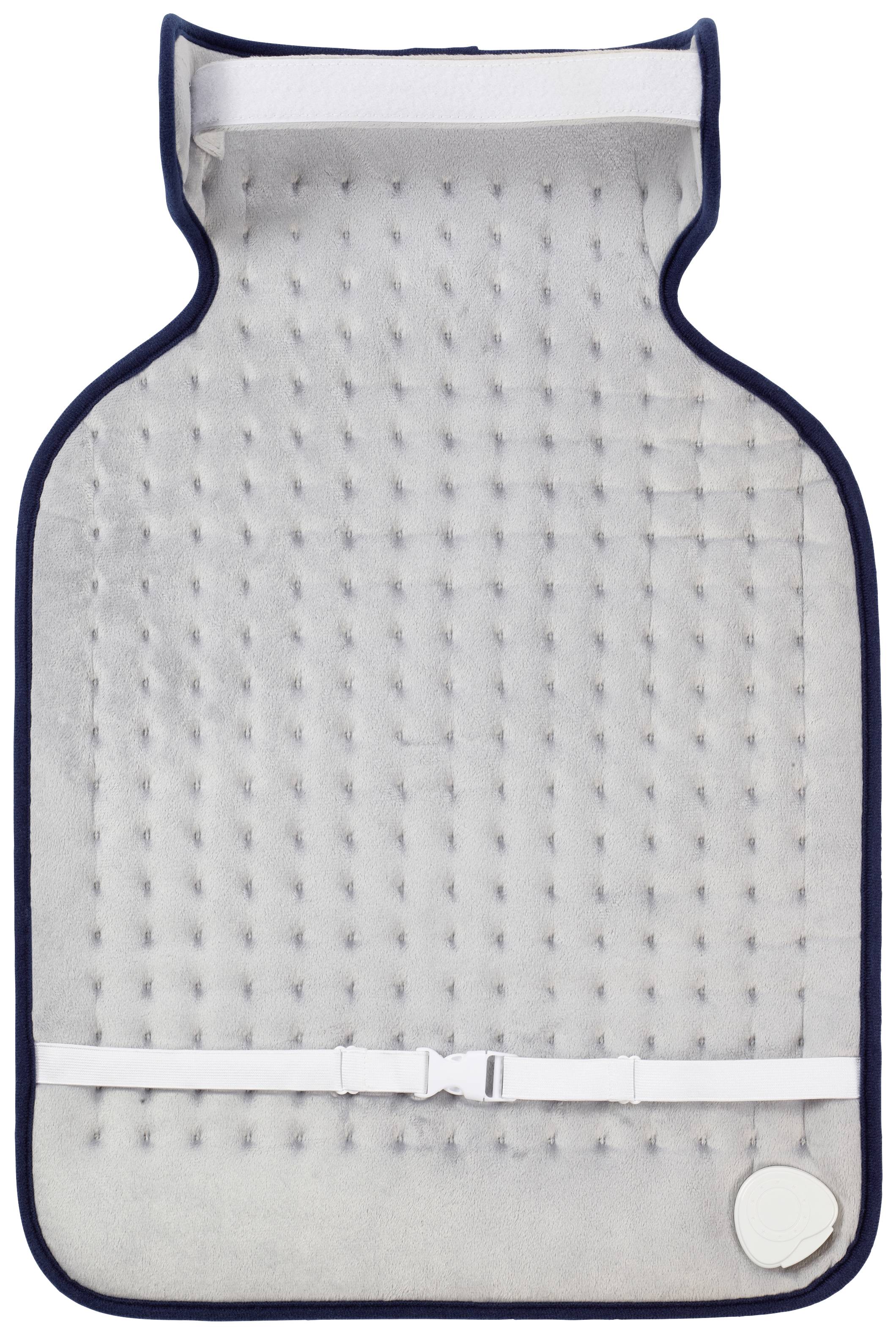 Tapis chauffant électrique bleu avec sangle de fixation, alimenté par secteur. Adapté pour réchauffer le dos et se détendre à la maison.