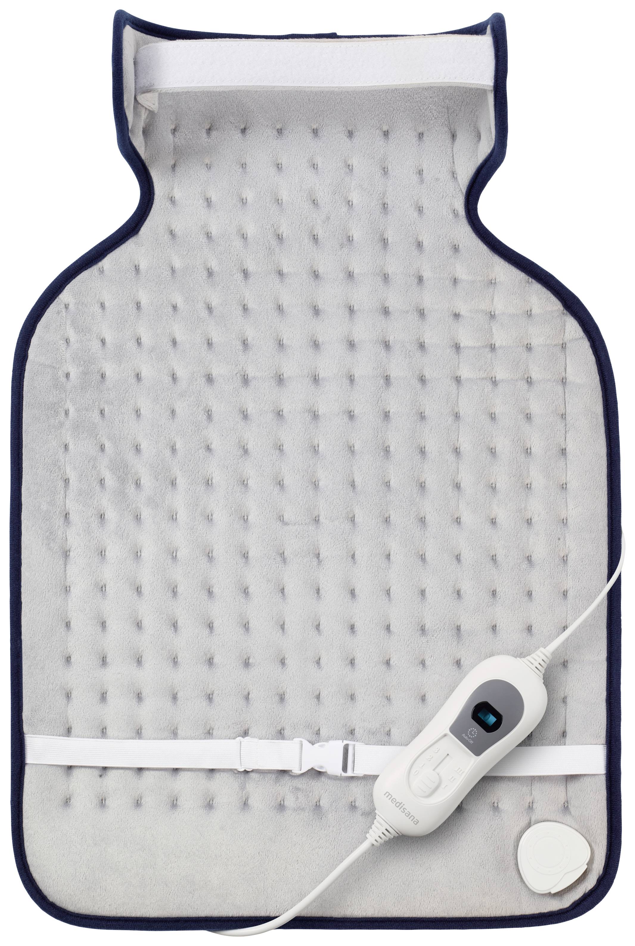Coussin chauffant électrique gris avec câble de commande et sangle blanche, utilisé pour soulager la douleur et appliquer une thérapie thermique.