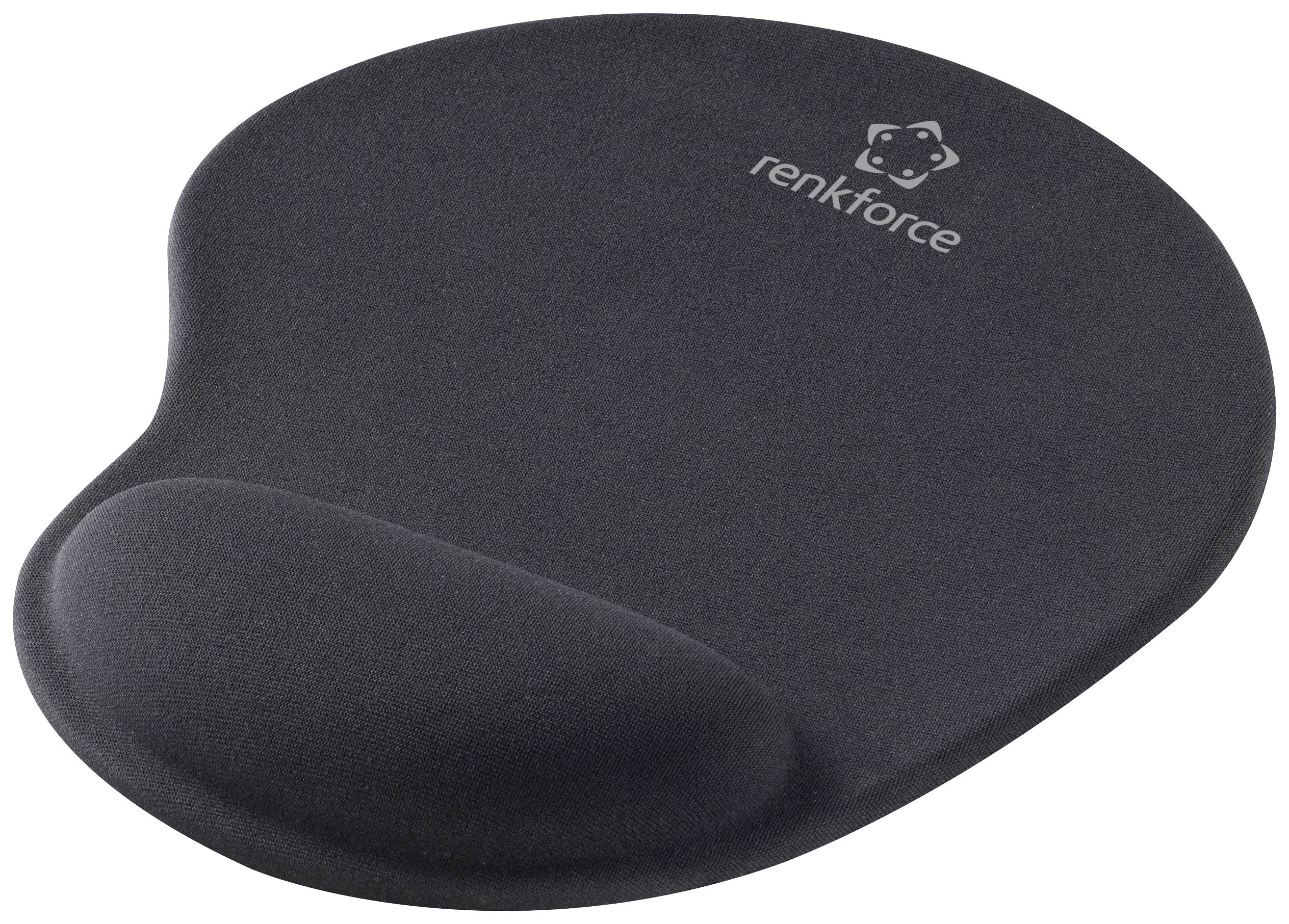 Tapis de souris noir avec repose-poignet et le logo 'renkforce' en haut à droite.