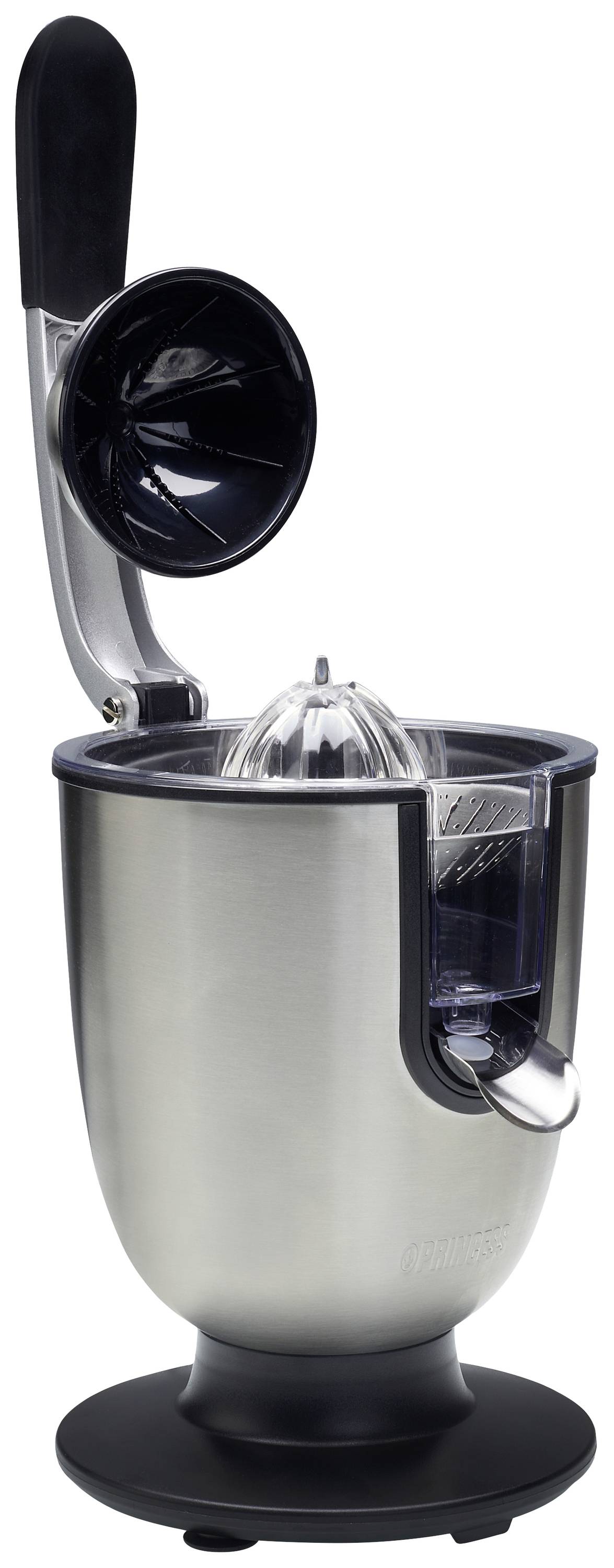 Presse-agrumes électrique en acier inoxydable avec levier et bec verseur. Idéal pour extraire facilement le jus d'oranges et de citrons.