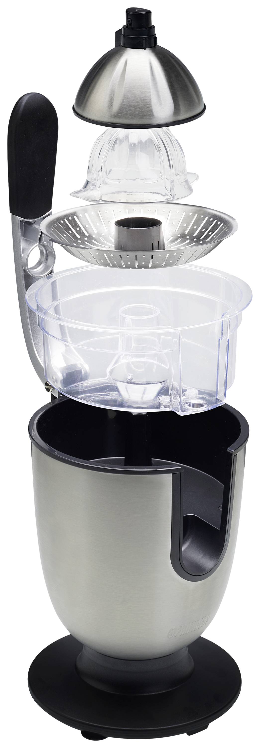 Presse-agrumes électrique en acier inoxydable avec récipient transparent et levier, adaptée pour extraire le jus des agrumes.