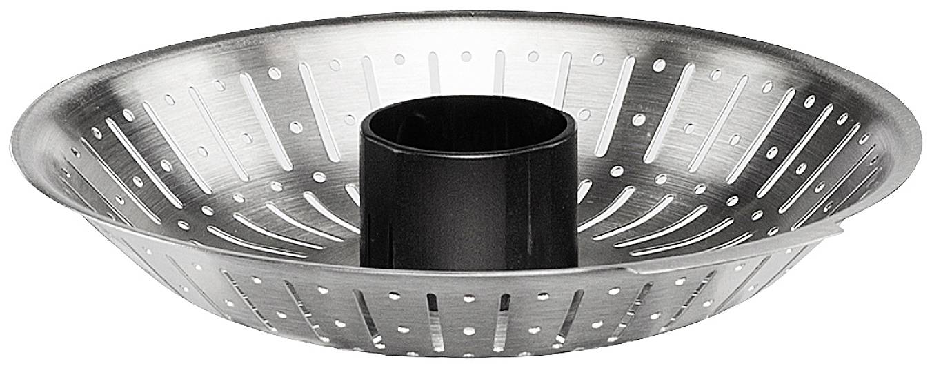 Insert métallique rond perforé pour cuiseur vapeur, avec une poignée centrale noire. Idéal pour la cuisson à la vapeur des légumes.