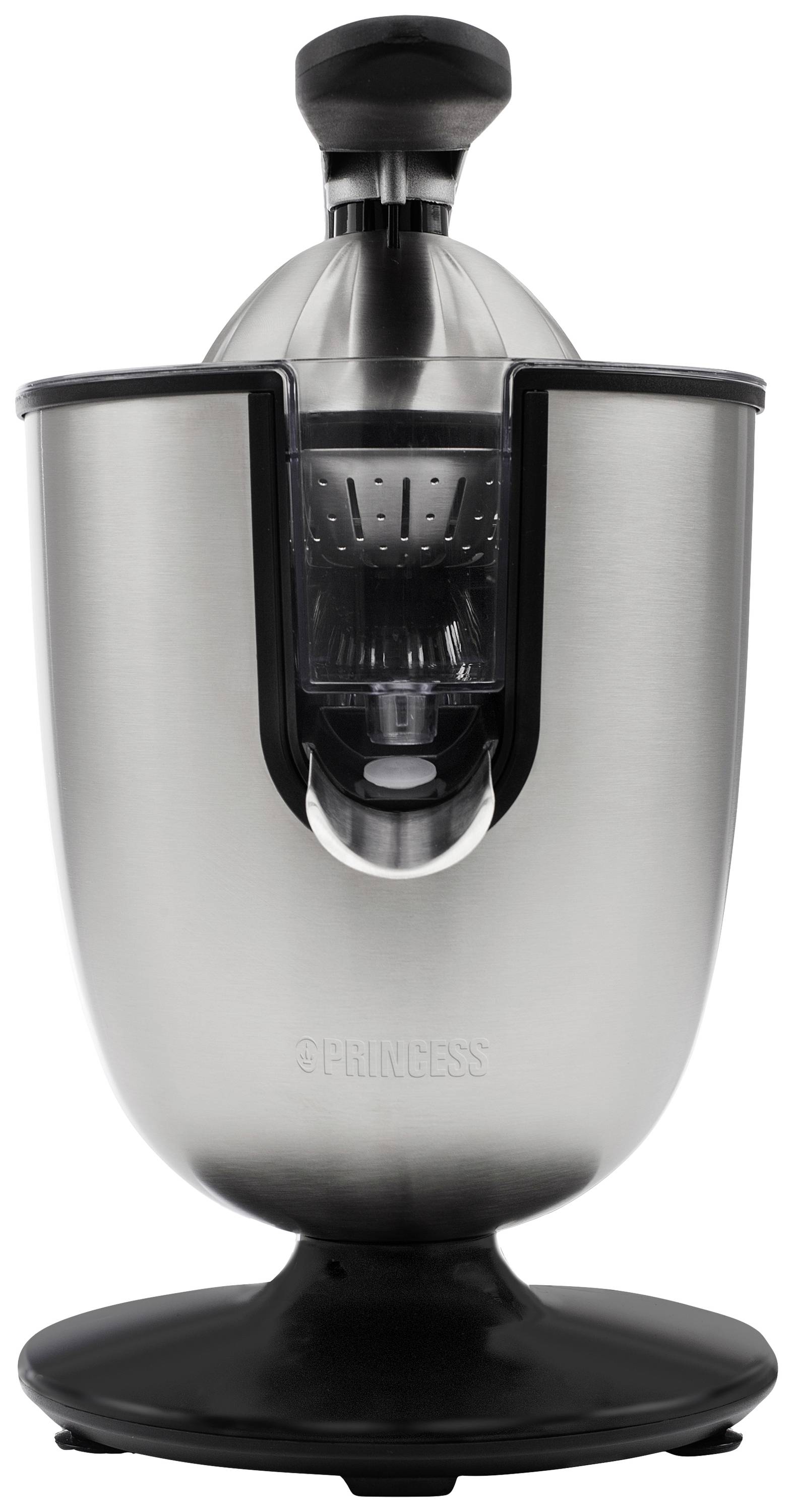 Une presse-agrumes électrique en argent avec socle noir et levier ergonomique. Idéale pour presser les agrumes.
