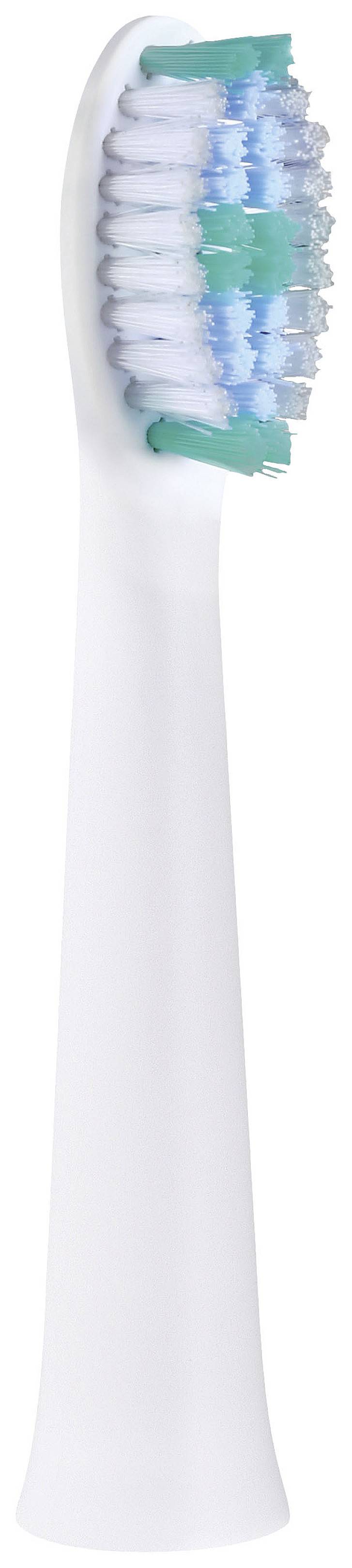 Tête de brosse à dents blanche avec des poils bleus et verts, debout verticalement.