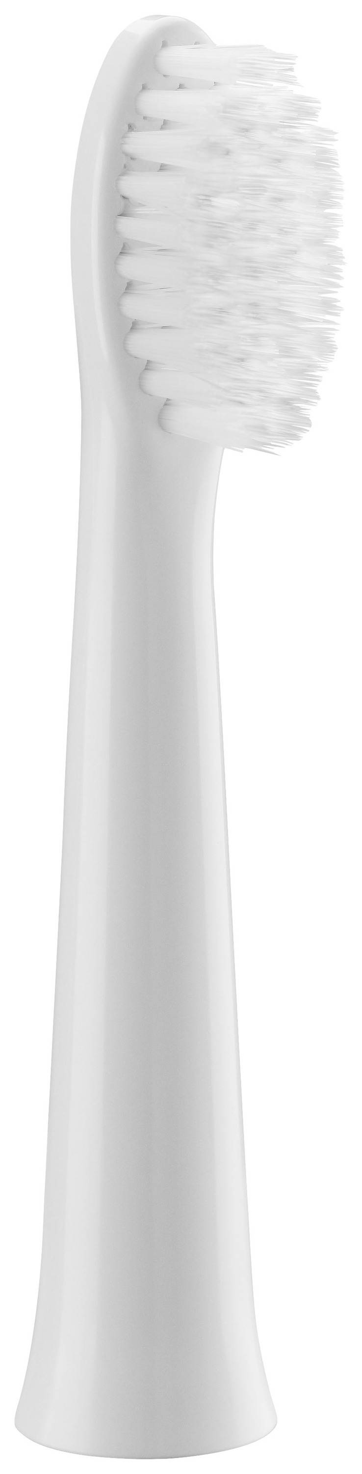 Tête de brosse à dents blanche avec des poils, alignée verticalement, sur un fond blanc.