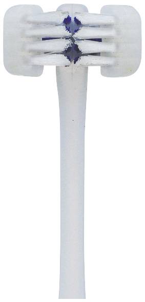 Tête de brosse à dents avec des poils blancs et une bande de marquage bleue au milieu.