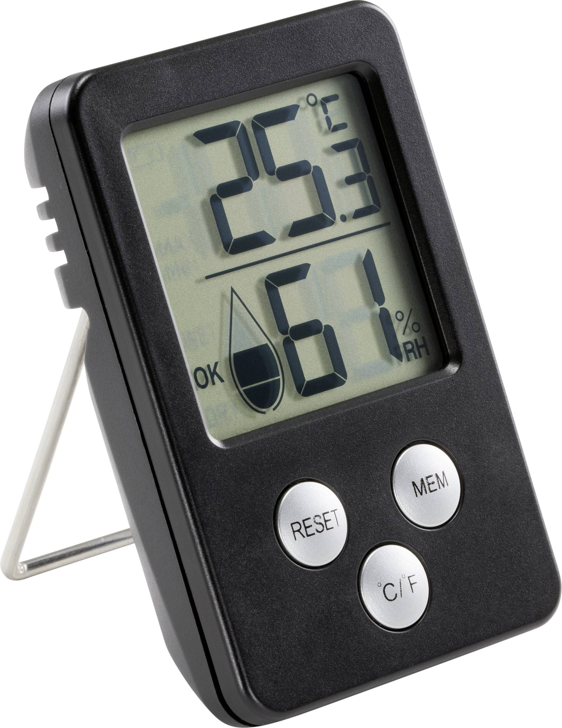 Thermomètre et hygromètre numérique avec support affiche 25,3 degrés Celsius et 61 % d'humidité relative.