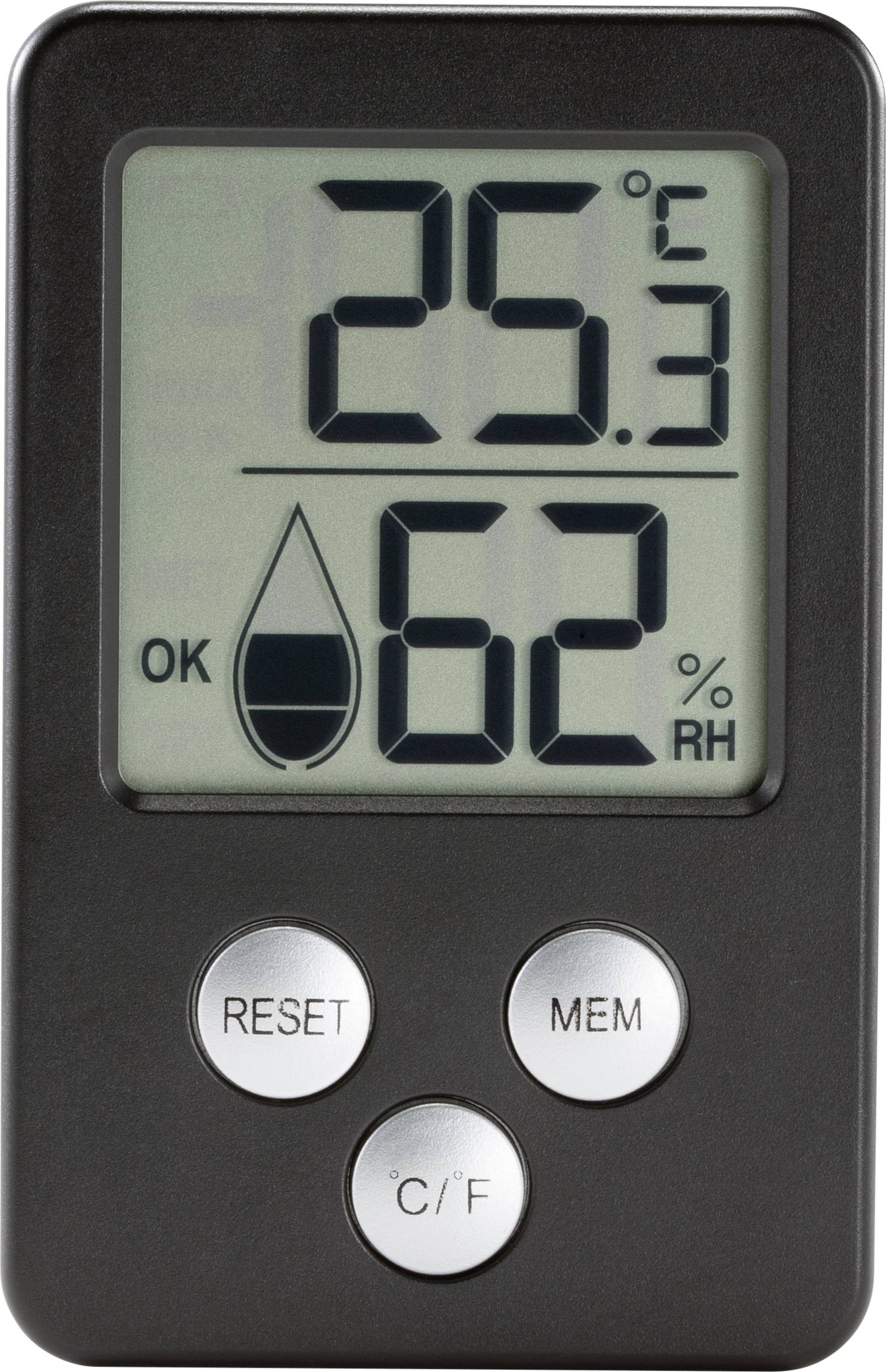 Hygromètre numérique avec affichage : '25,3 °C' et '62 % HR'. Quatre boutons en bas : 'RESET', 'MEM', 'C/F'. Symbole de goutte d'eau avec 'OK'.
