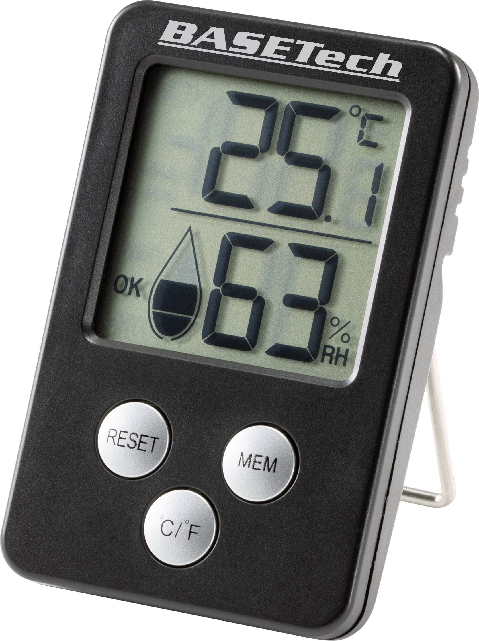 Thermomètre et hygromètre numérique avec affichage de 25,1 °C et 63 % d'humidité relative, façade noire avec touches de commande.