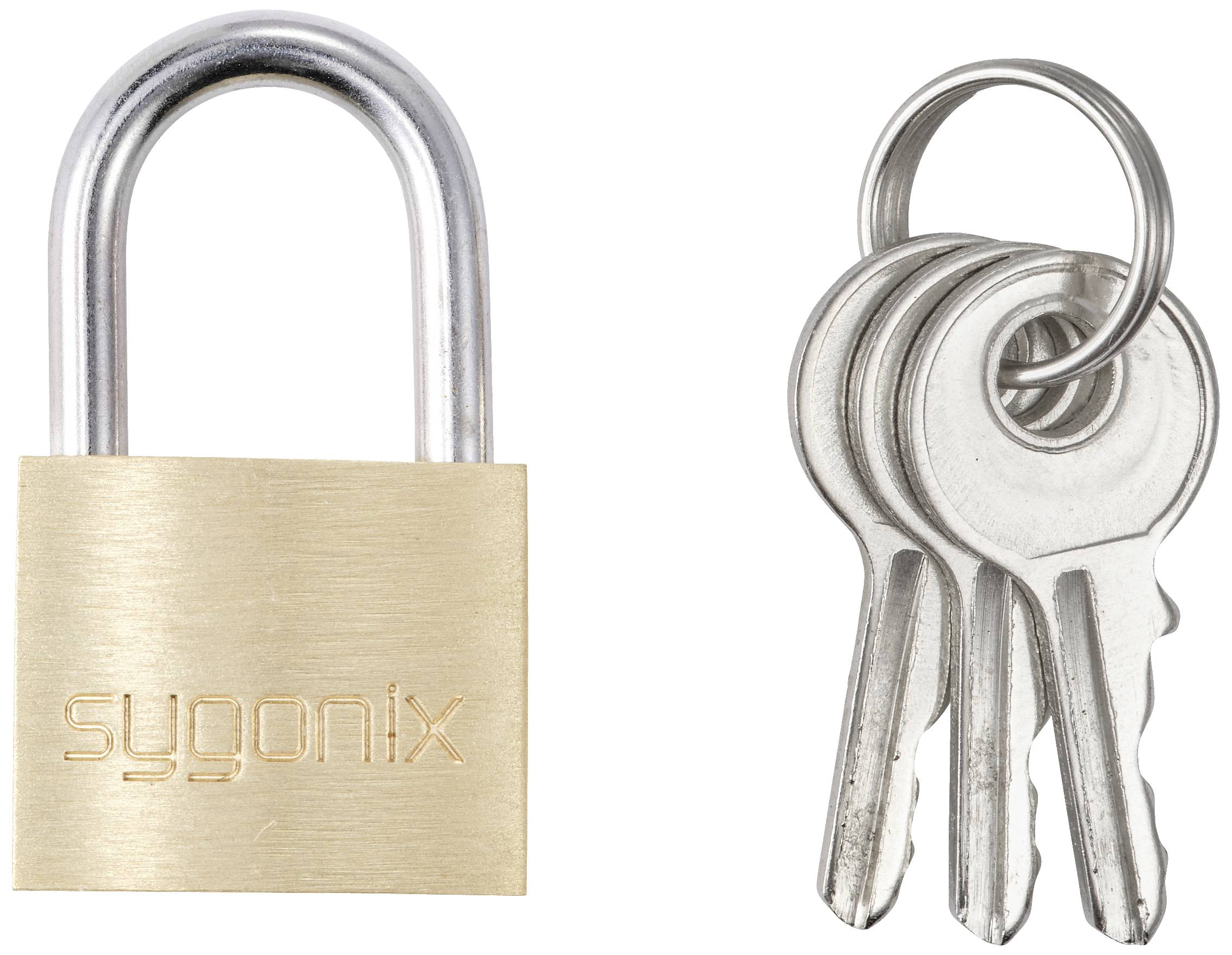 Cadenas avec trois clés. Le cadenas est en laiton avec un logo gravé. Les clés sont en métal et attachées à un anneau.