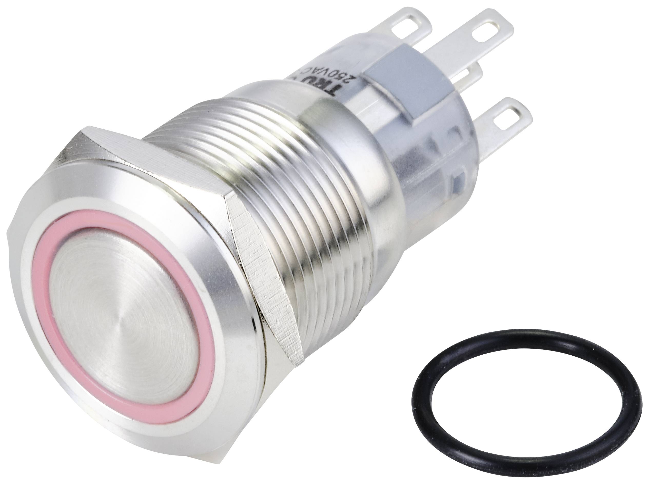Bouton-poussoir en métal avec anneau argenté et couronne LED rouge, adapté aux applications industrielles ; comprend un joint d'étanchéité pour une installation étanche.