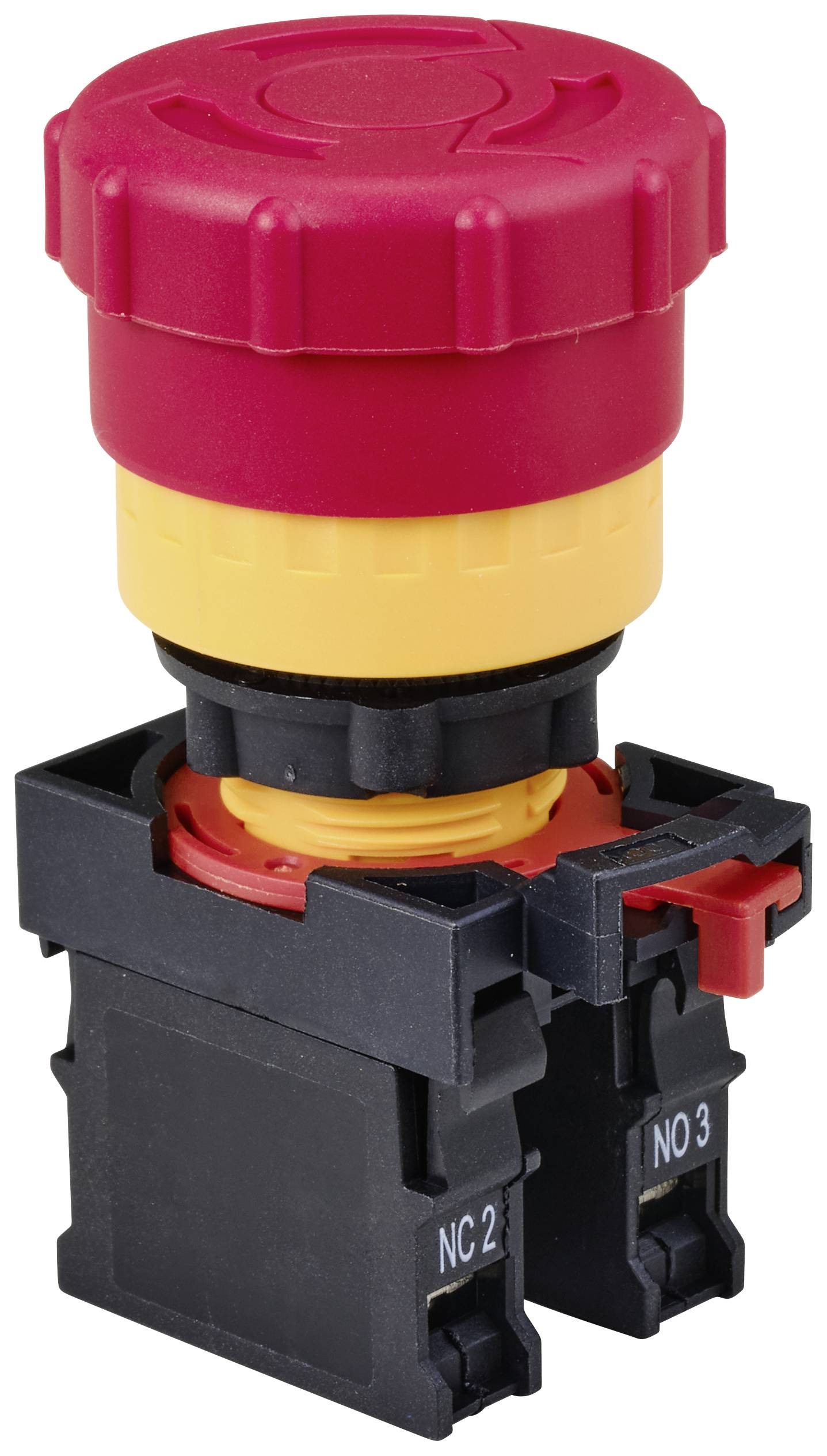Interrupteur d'arrêt d'urgence avec bouton rouge sur socle jaune, monté sur un boîtier noir, utilisé pour interrompre les circuits électriques de secours.