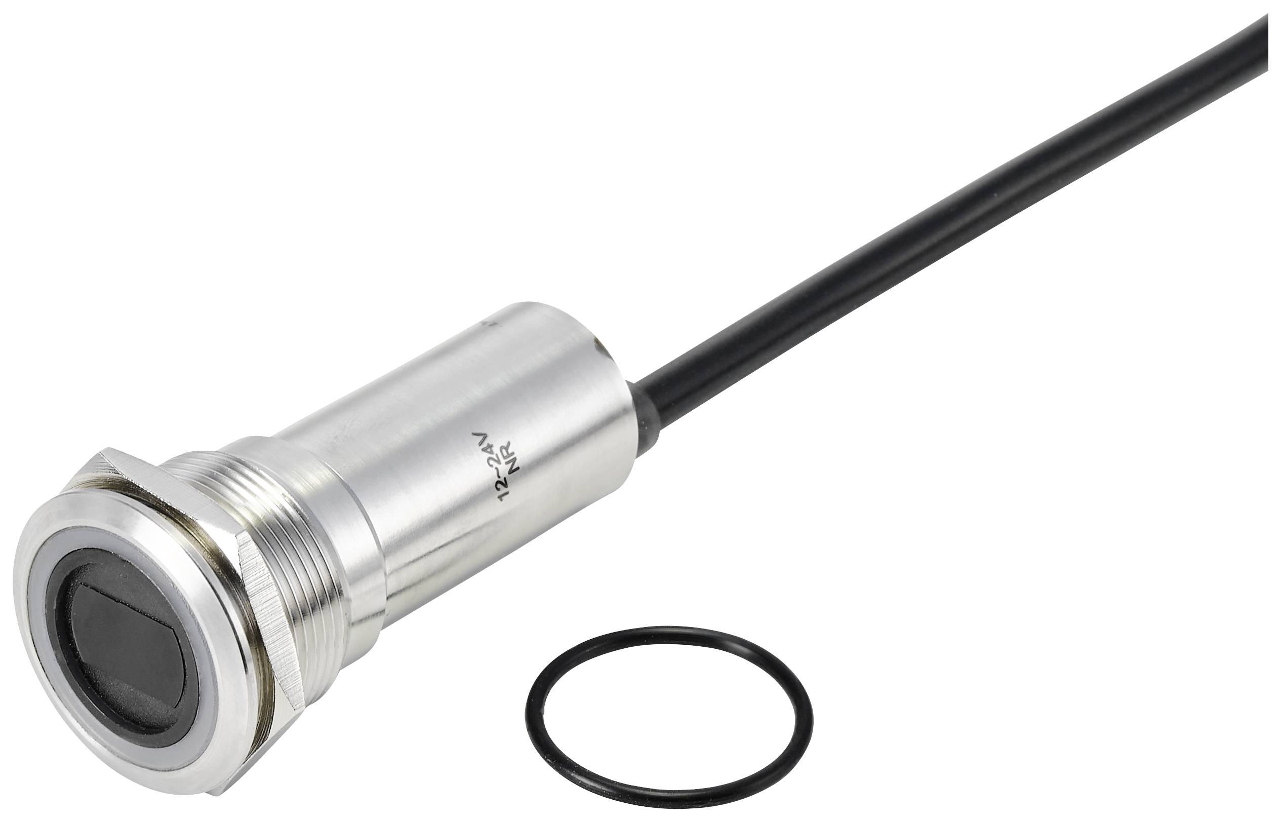 Un bouton capteur cylindrique, argenté, électronique, avec câble et anneau de caoutchouc détachable, probablement destiné à être installé dans un appareil.