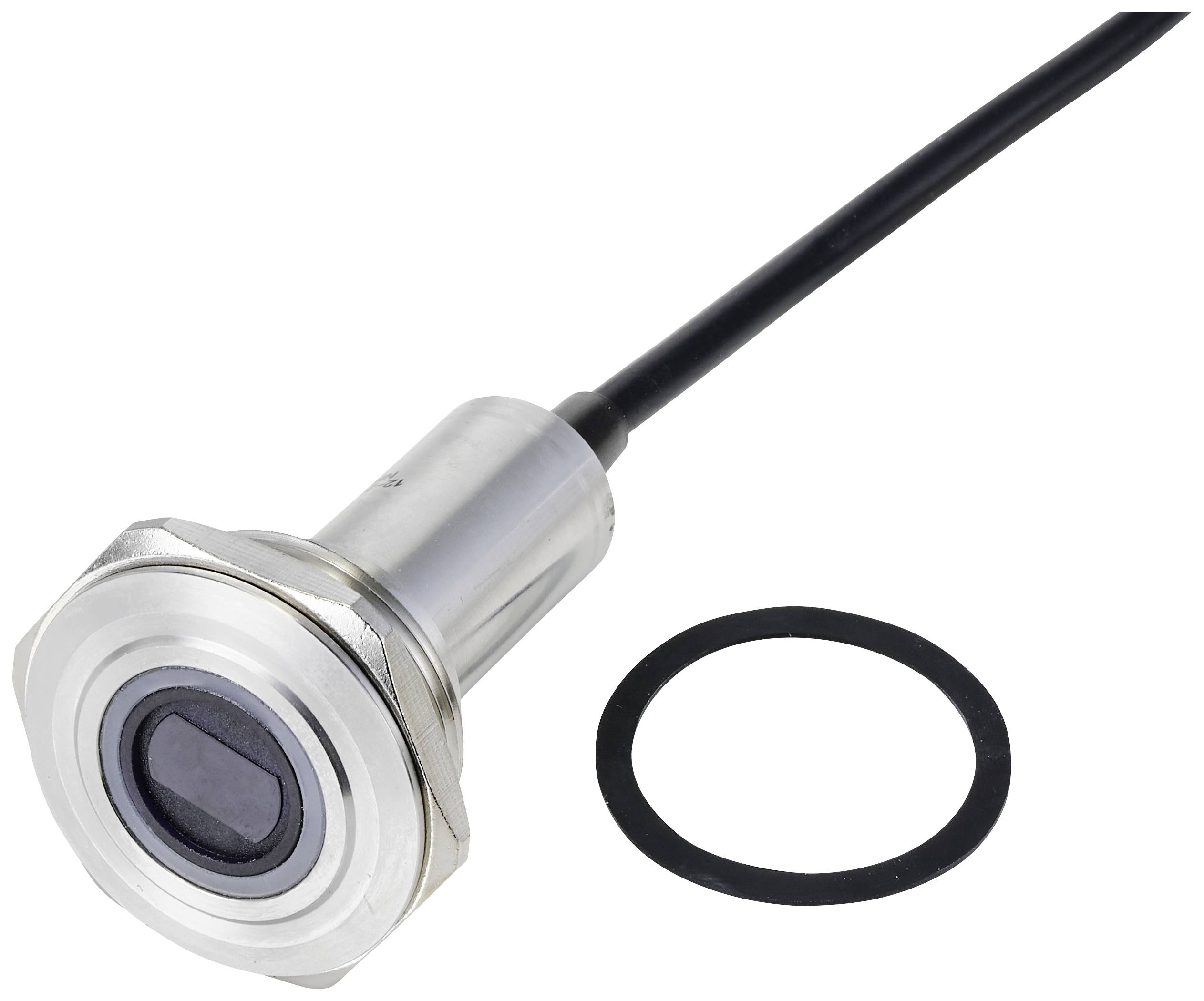 Connecteur métallique à boîtier circulaire et câble noir. Contient un joint en caoutchouc pour l'étanchéité ou la fixation.