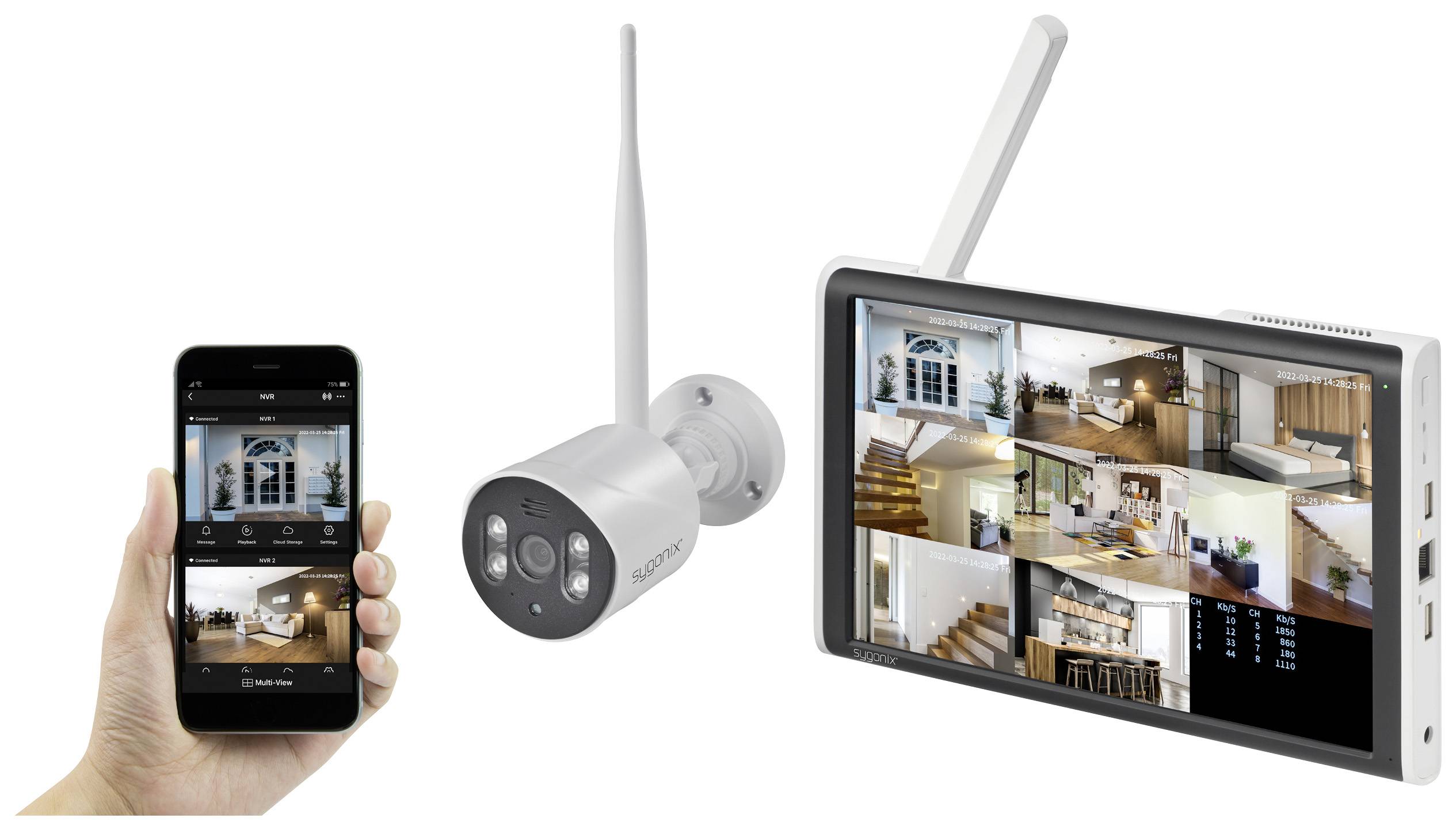 Une caméra de surveillance avec moniteur et application smartphone. Le moniteur affiche plusieurs perspectives de caméras, le smartphone montre l'interface de l'application.