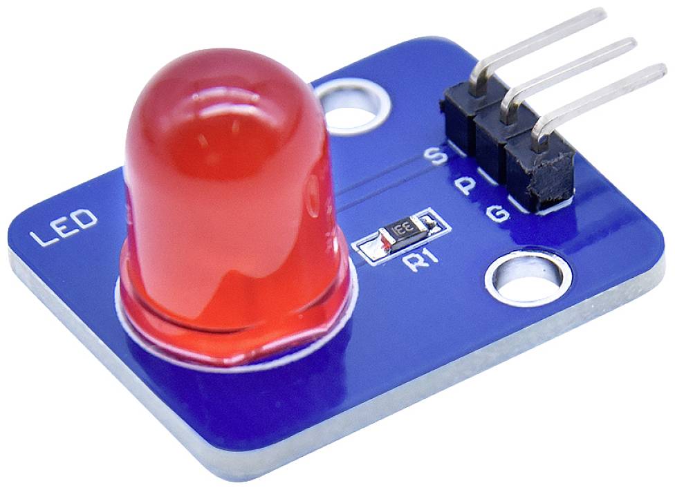 Voyant LED rouge sur une carte de circuit imprimé bleue avec trois broches métalliques. Inscription 'LED'.