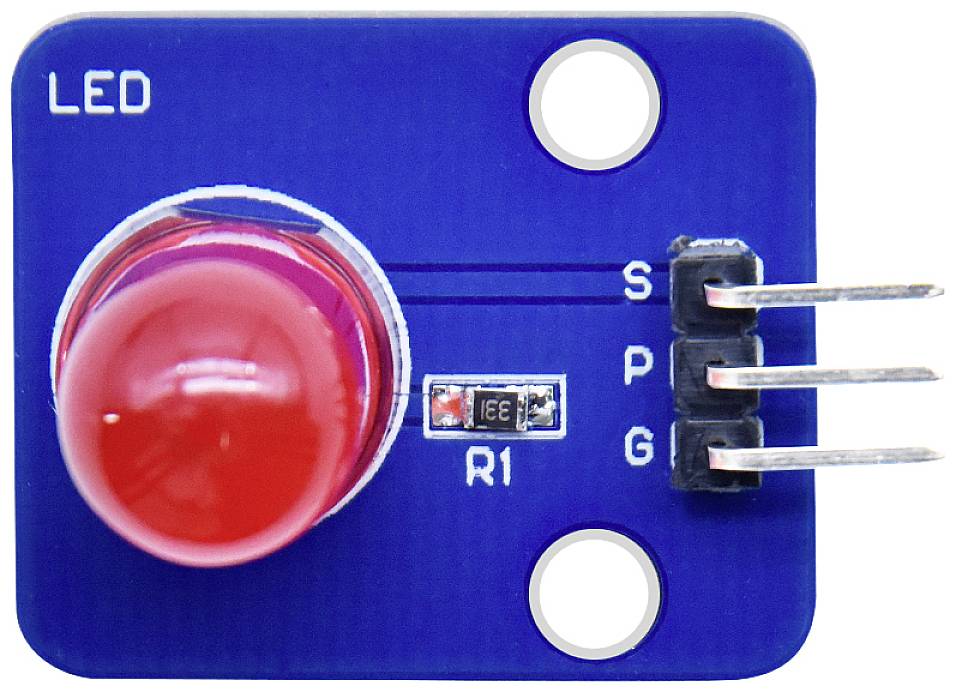 Module bleu avec une LED rouge, étiquetée LED en haut à gauche, avec des connexions S, P, G à droite, et une résistance R1 au centre.