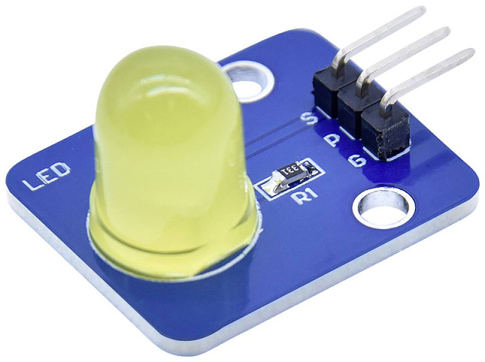Composant électronique avec une lumière LED jaune sur un circuit imprimé bleu. Trois broches métalliques dépassent sur la droite pour le montage du circuit.