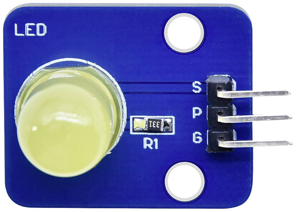 Un simple capteur électronique à LED avec l'étiquette 'LED', résistance 'R1', et trois broches étiquetées 'S', 'P', 'G'.