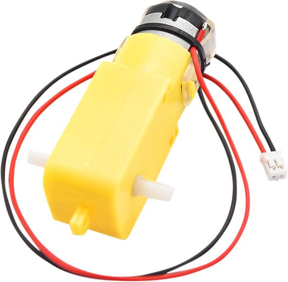 Moteur électrique jaune avec deux fils de connexion, l'un rouge et l'autre noir, et un engrenage en plastique blanc.