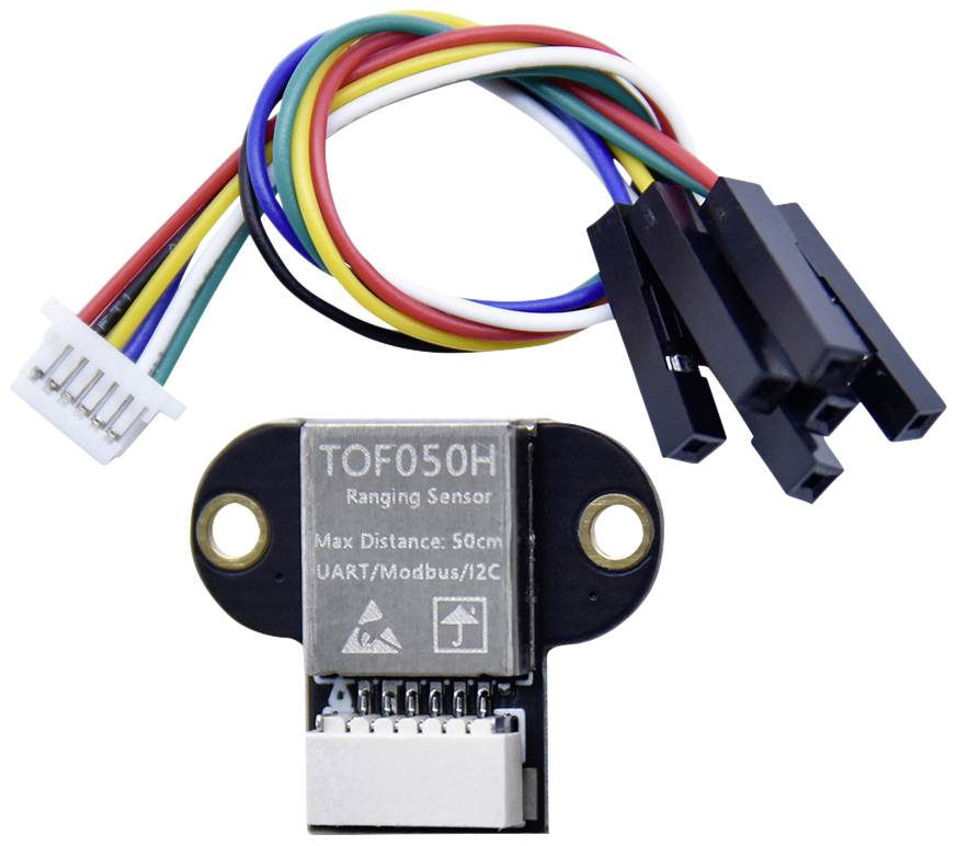 Capteur de distance avec câbles colorés. Étiqueté 'TOF050H', distance maximale de 50 cm. Utilise UART/Modbus/I2C.