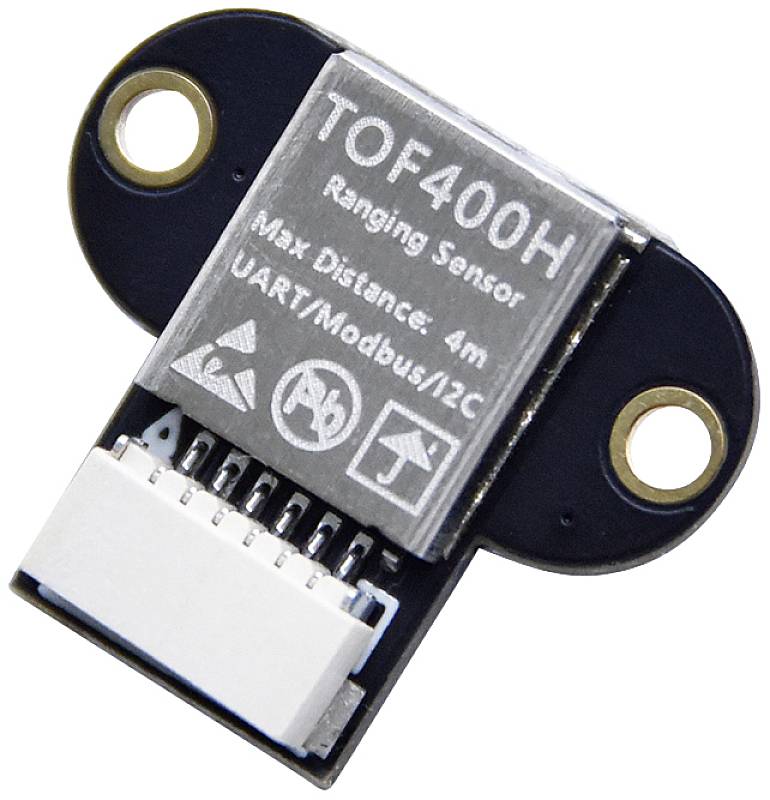 Un capteur de distance TOF400H pour des mesures jusqu'à 4 mètres. Prend en charge les communications UART, Modbus et I2C. Boîtier rectangulaire avec connecteur de raccordement.