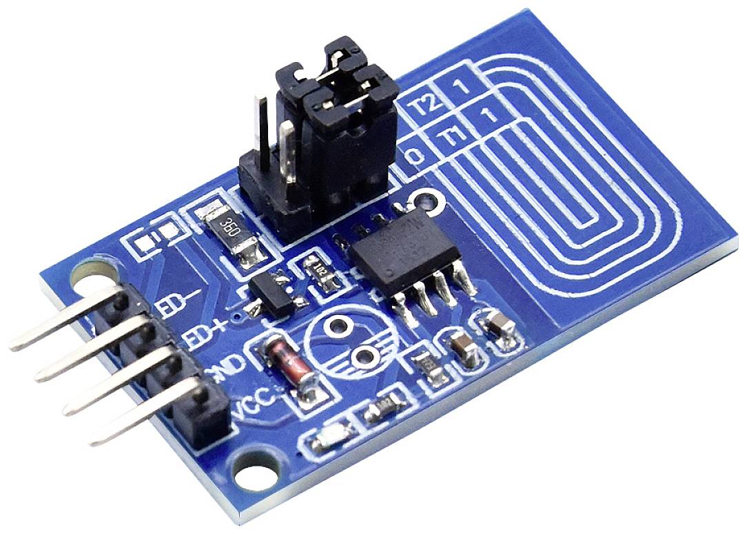 Module électronique avec carte de circuit imprimé bleue, plusieurs broches, une puce microélectronique et des pistes conductrices. Adapté aux applications de capteurs.