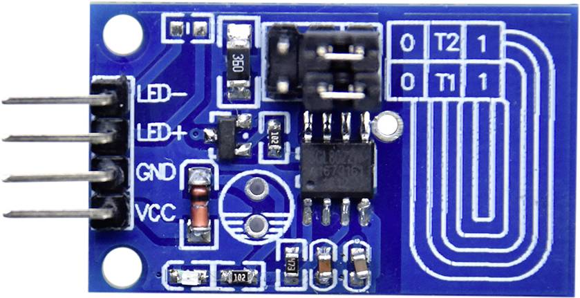 Composant électronique : Capteur tactile capacitif avec carte de circuit imprimé bleue, broches pour LED, GND et VCC, et circuit de détection de toucher.