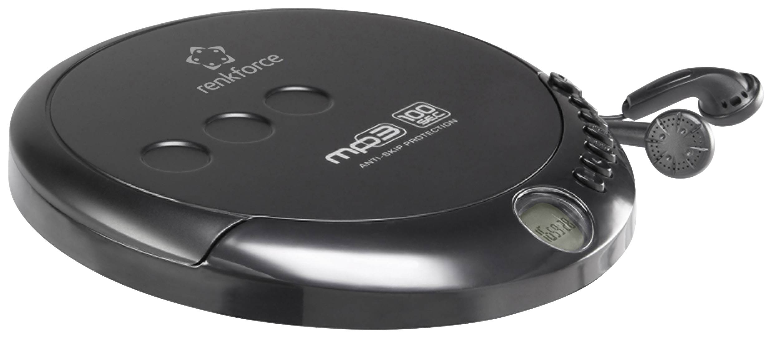 Un lecteur CD portable avec lecture MP3 et écouteurs, marqué 'renkforce'. Adapté pour le divertissement musical mobile.