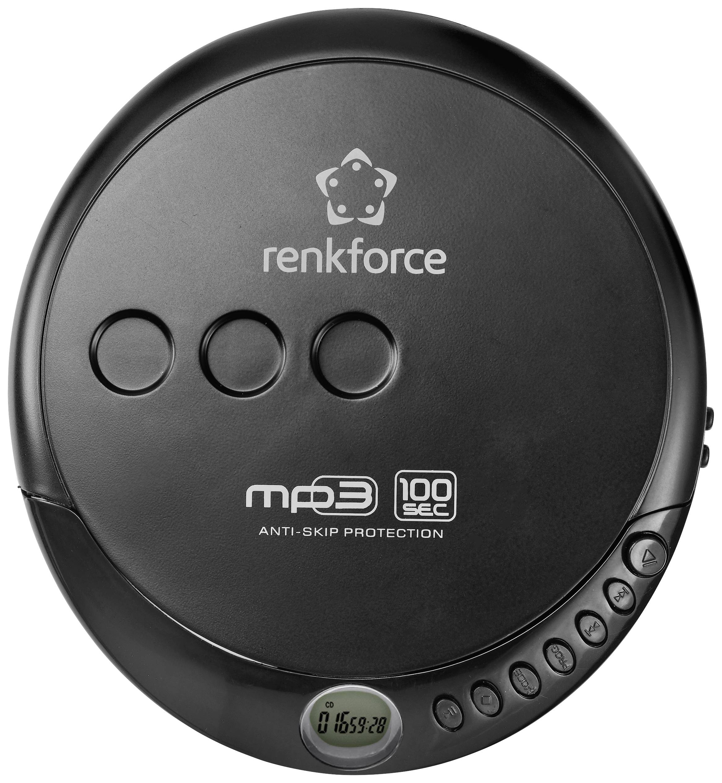 Lecteur CD portable Renkforce, noir, avec trois touches principales et un petit écran digital, affichant l'heure 16:59.
