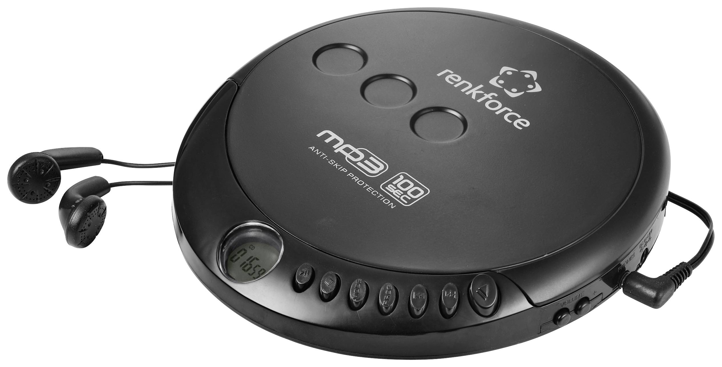 Lecteur CD portable de couleur noire, de marque 'renkforce', avec fonctions numériques et écouteurs connectés.