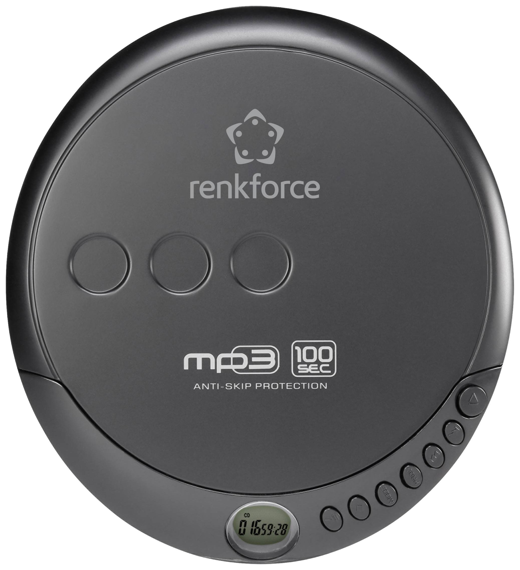 Lecteur CD portable, noir, avec trois touches principales en haut et un petit écran en bas, affichant '16:59:28', marque 'renkforce'.