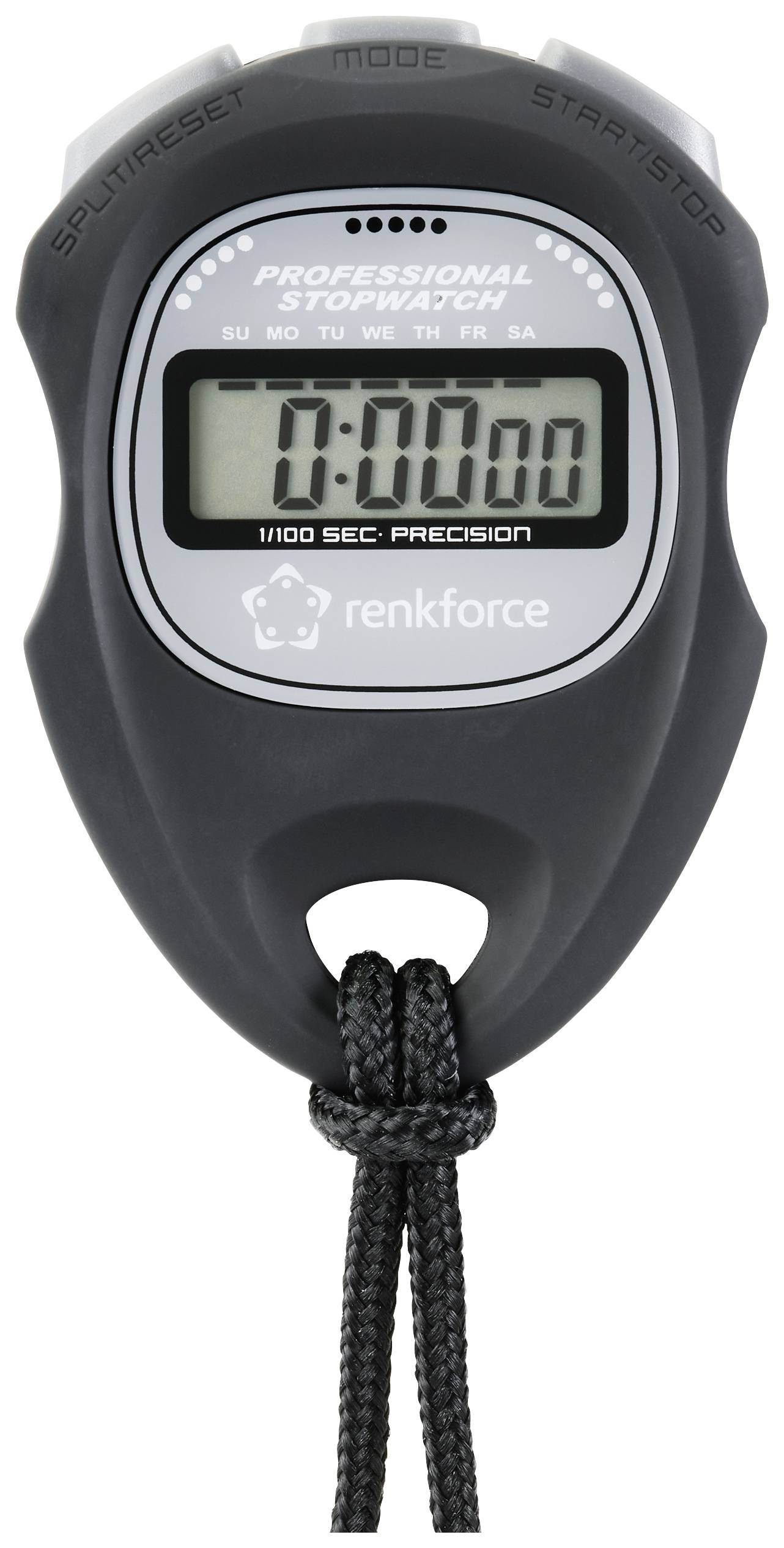 Chronomètre noir avec affichage numérique indiquant '0:00:00', comprenant des touches de mode et de démarrage/arrêt, et une lanière de transport noire.