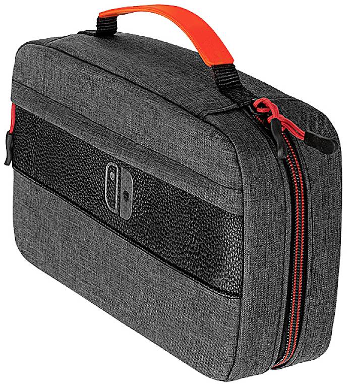 Sac de transport gris avec poignée rouge et fermeture éclair, adapté pour un appareil électronique. Contient un symbole sur la face avant.