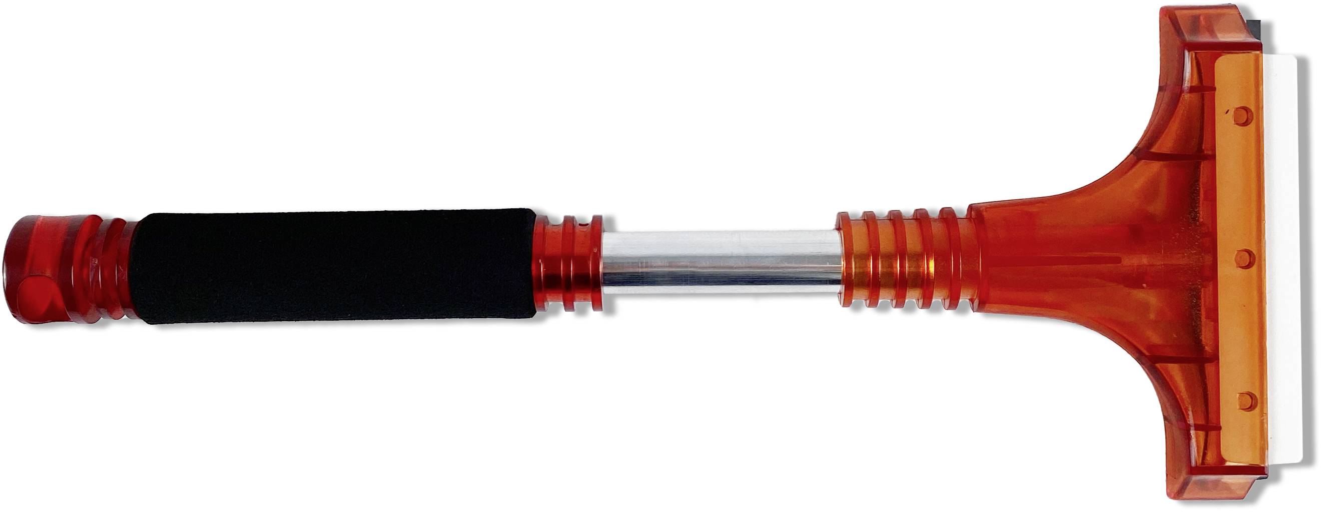 Un gratte-givre orange-rouge avec une poignée noire, utilisé pour nettoyer les vitres de voiture en cas de gel.