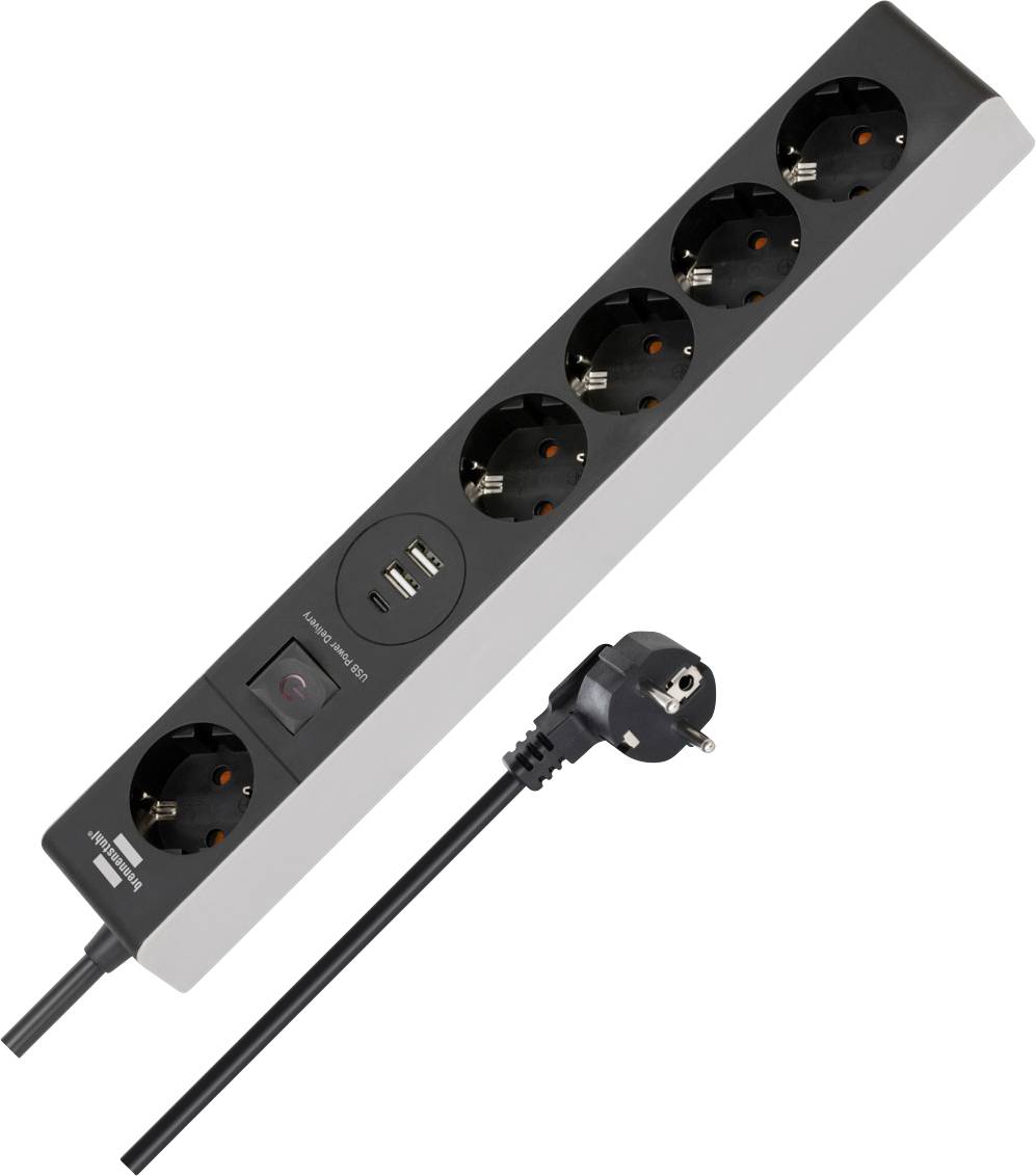Bloc multiprise noir avec cinq prises européennes, deux ports USB et un interrupteur d'alimentation, présenté avec fiche et cordon attachés.