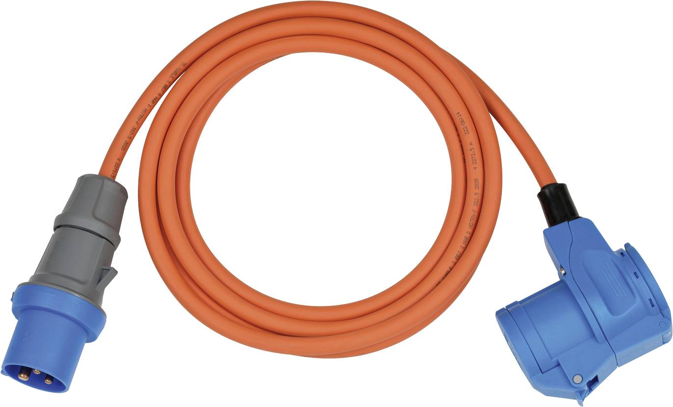 Câble d'alimentation électrique orange avec connecteurs industriels bleus aux deux extrémités, enroulé sur un fond blanc.