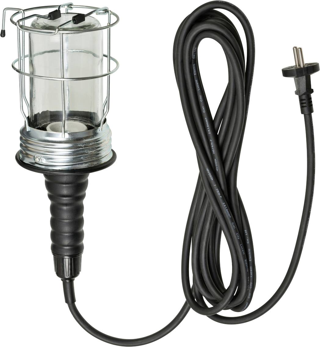 Lampe de travail électrique portative avec cage de protection en métal, boîtier d'ampoule en verre transparent, cordon noir et fiche à deux broches.
